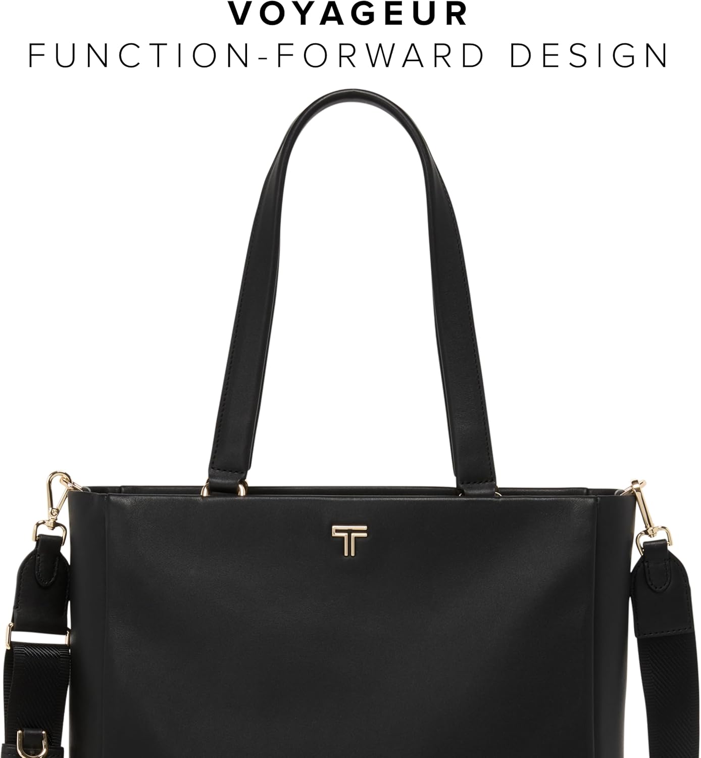 TUMI - Voyageur Vail North/South Tote - Czarna torba Premium - Pasek na ramię, smycz na klucze, schowek na laptopa - skórzana torba codzienna - czarny, jasnozłoty sprzęt