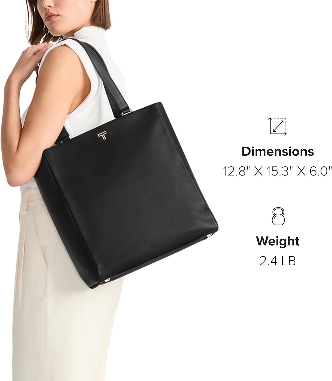 TUMI - Voyageur Vail North/South Tote - Czarna torba Premium - Pasek na ramię, smycz na klucze, schowek na laptopa - skórzana torba codzienna - czarny, jasnozłoty sprzęt