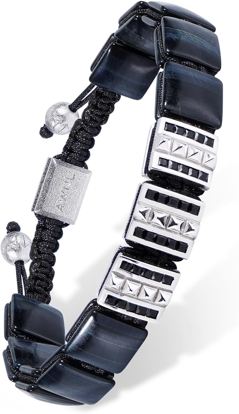 Mens Flatbead Bracelet with Sterling Silver Centre Charm Braided Bracelet Natural Gemstones Gift for Men (9.5mm Stone), 5.7-7.5"