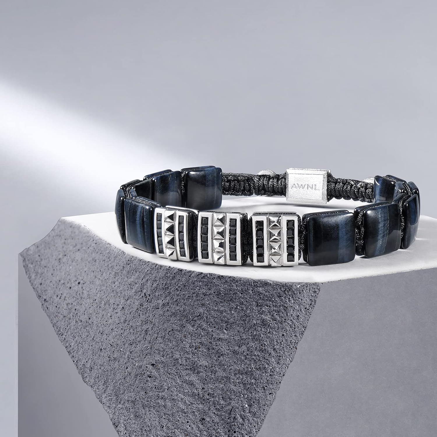 Mens Flatbead Bracelet with Sterling Silver Centre Charm Braided Bracelet Natural Gemstones Gift for Men (9.5mm Stone), 5.7-7.5"