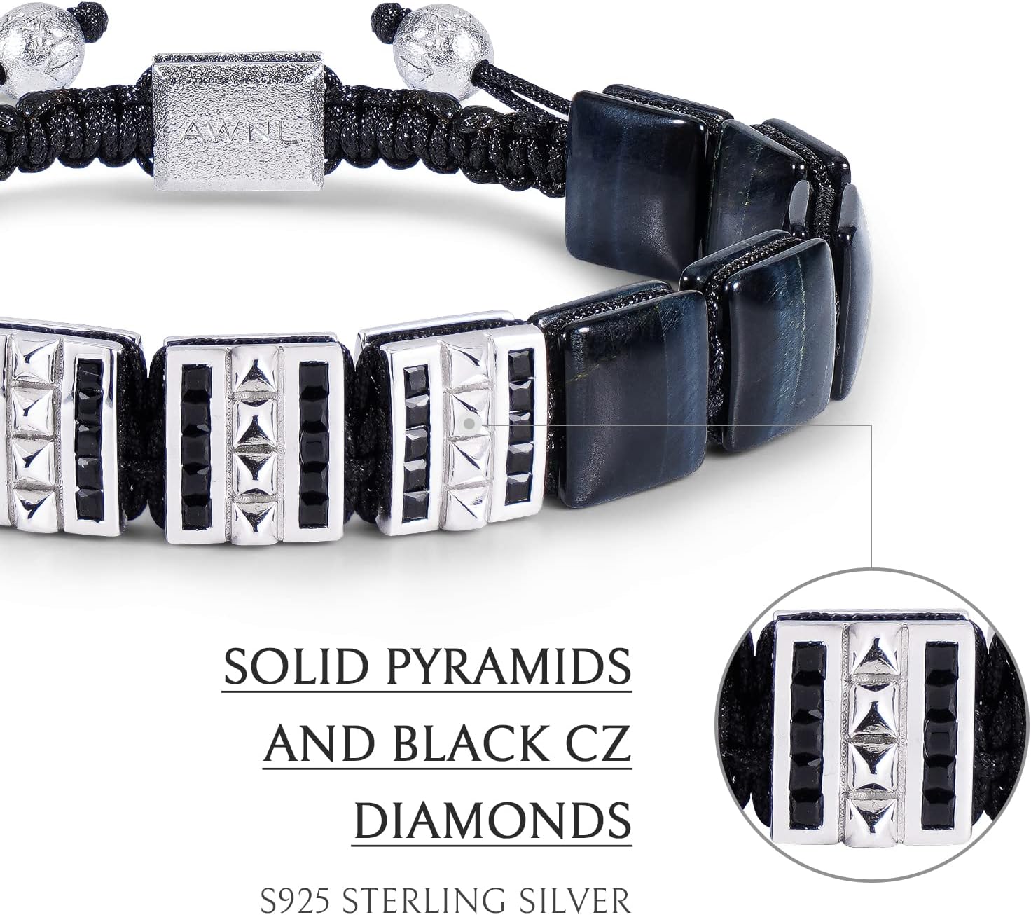 Mens Flatbead Bracelet with Sterling Silver Centre Charm Braided Bracelet Natural Gemstones Gift for Men (9.5mm Stone), 5.7-7.5"
