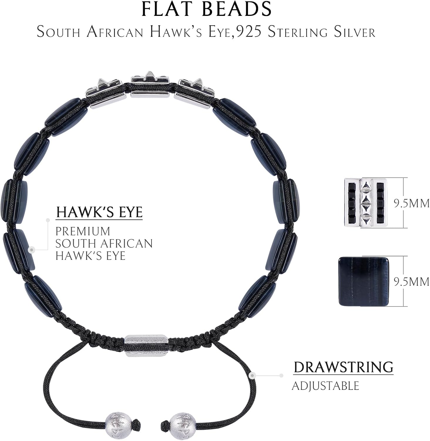 Mens Flatbead Bracelet with Sterling Silver Centre Charm Braided Bracelet Natural Gemstones Gift for Men (9.5mm Stone), 5.7-7.5"