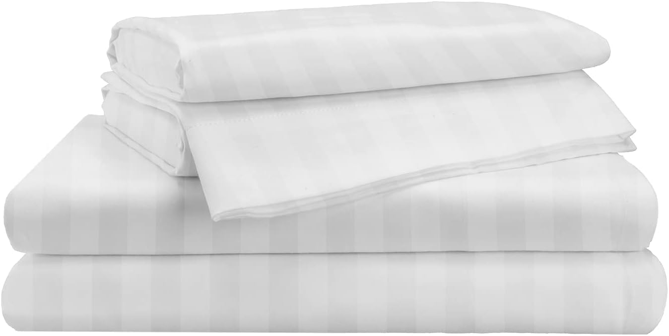 Damask Stripe Queen Size 7-Piece Duvet Cover and Bed Sheet Set 17 inch Deep Pocket - Complete Luxury Soft 1000 Thread Count 100% Egyptian Cotton Bedding Set - White · v12