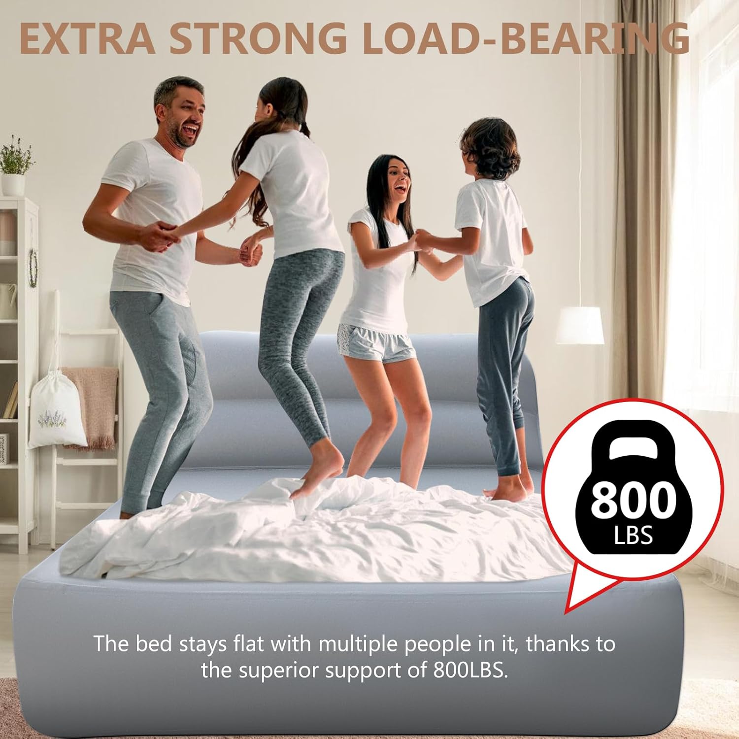 Colchón Queen Air con bomba inalámbrica, colchón inflable de lujo con cabecero, funda de colchón gris, colchón inflable para huéspedes que acampen en casa, estructura de fibra, capacidad de peso de 800 libras