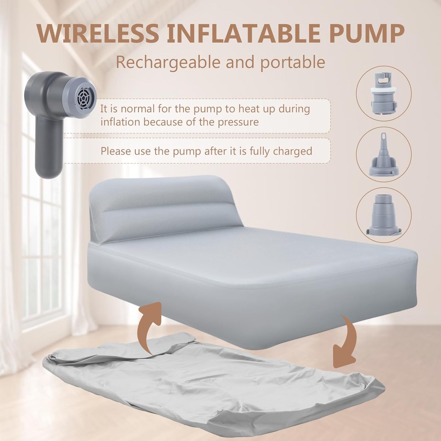 Colchón Queen Air con bomba inalámbrica, colchón inflable de lujo con cabecero, funda de colchón gris, colchón inflable para huéspedes que acampen en casa, estructura de fibra, capacidad de peso de 800 libras