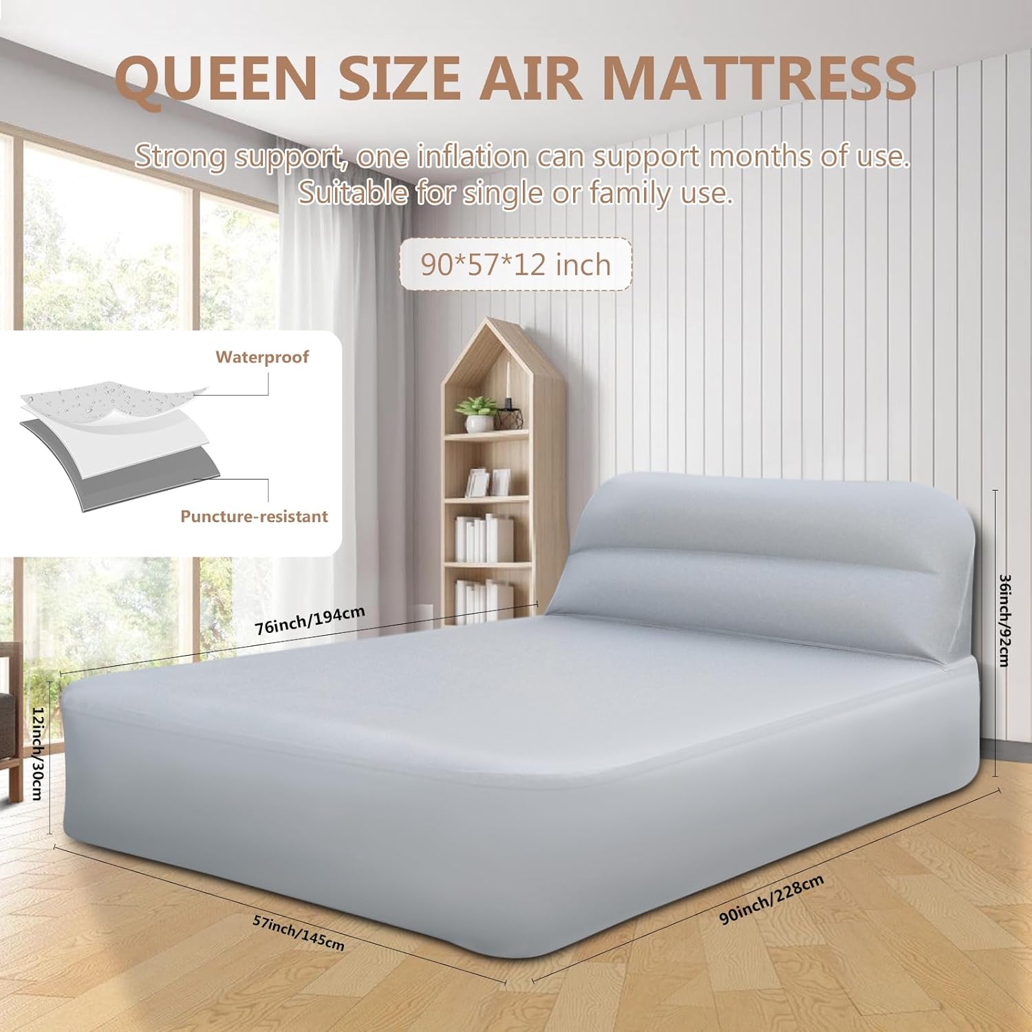 Colchón Queen Air con bomba inalámbrica, colchón inflable de lujo con cabecero, funda de colchón gris, colchón inflable para huéspedes que acampen en casa, estructura de fibra, capacidad de peso de 800 libras