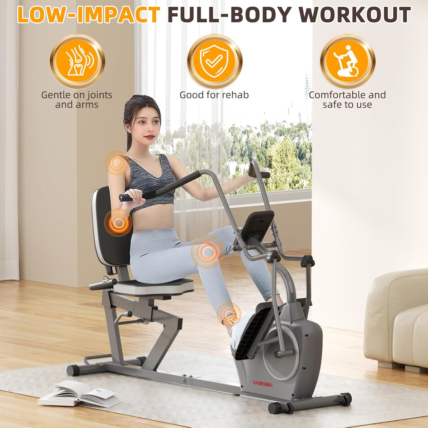 VANSWE Recumbent Exercise Bike with Arm Exerciser for Seniors Adults Home Training - Elliptical Recumbent Cross Trainer with Magnetic Resistance, Free App, Bluetooth Connectivity and Pulse Sensor · v4