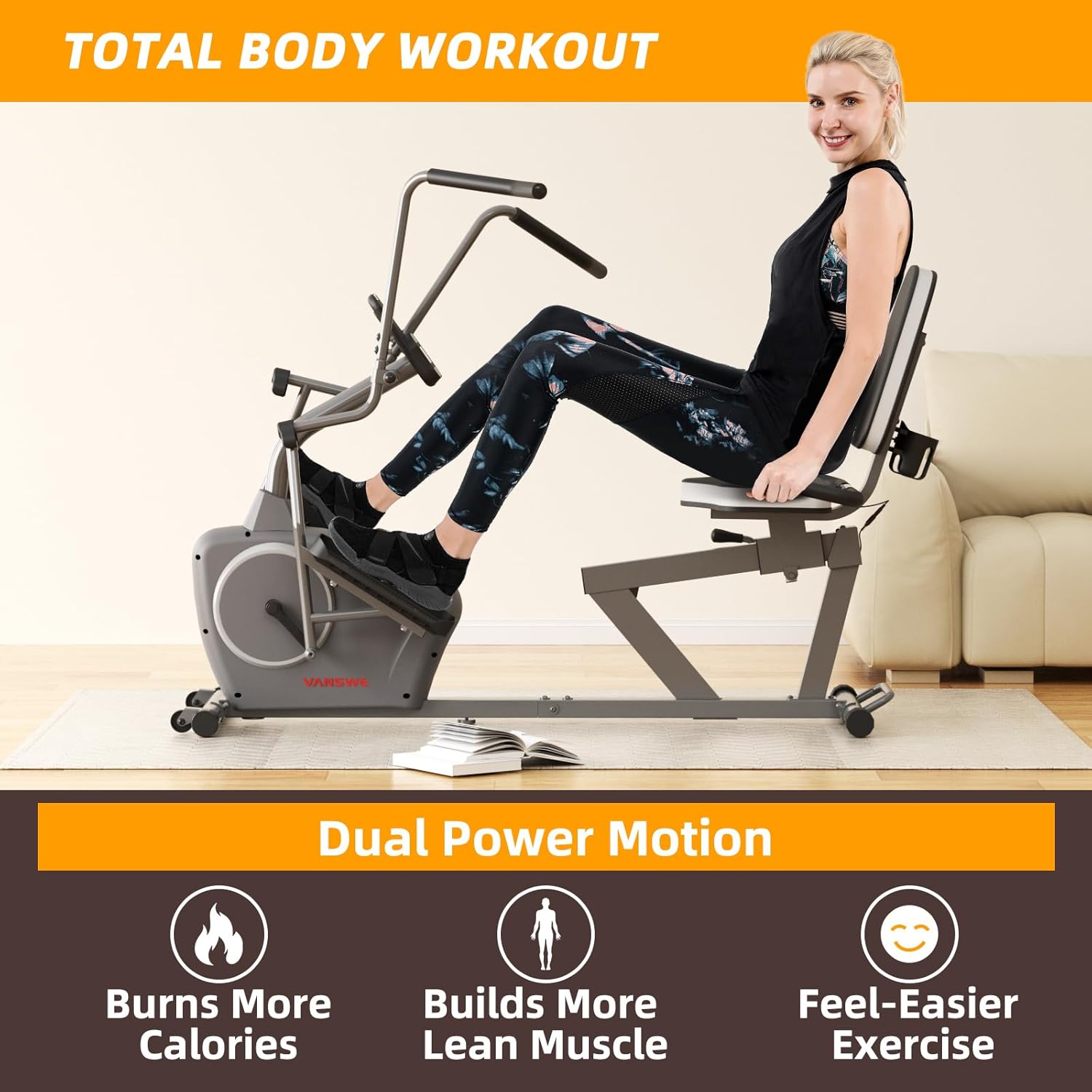 VANSWE Recumbent Exercise Bike with Arm Exerciser for Seniors Adults Home Training - Elliptical Recumbent Cross Trainer with Magnetic Resistance, Free App, Bluetooth Connectivity and Pulse Sensor · v4