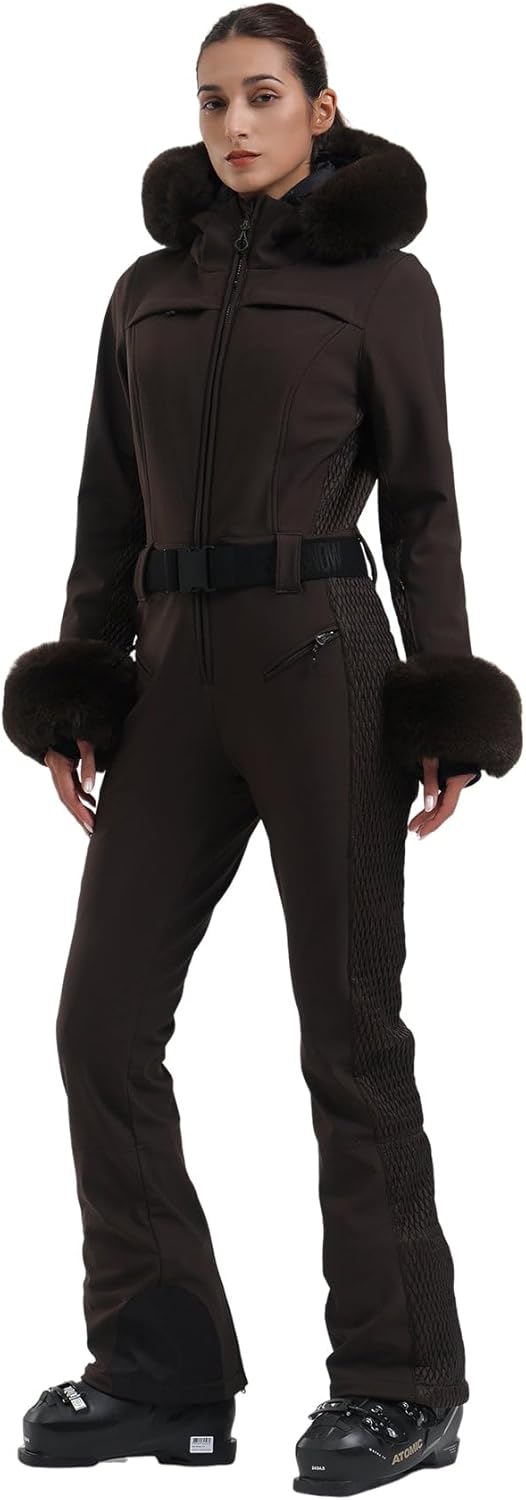GSOU SNOW Ski Suit Women One Piece Snowsuit Slim Ski Jumpsuit Faux Fur Snowboard Waterproof Windproof Insulated Warm Hooded · v3