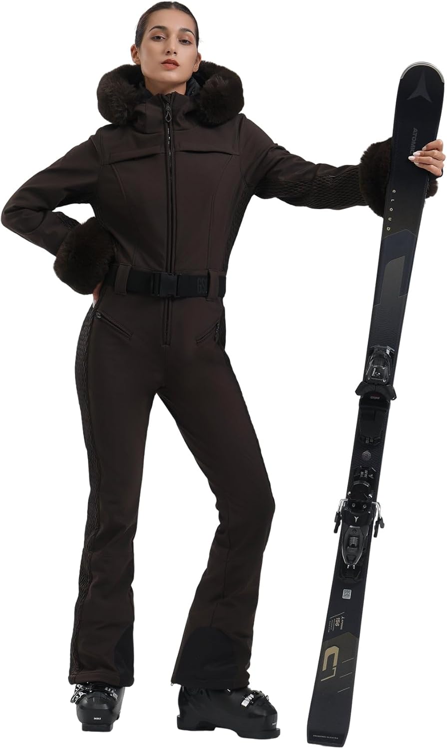 GSOU SNOW Ski Suit Women One Piece Snowsuit Slim Ski Jumpsuit Faux Fur Snowboard Waterproof Windproof Insulated Warm Hooded · v3