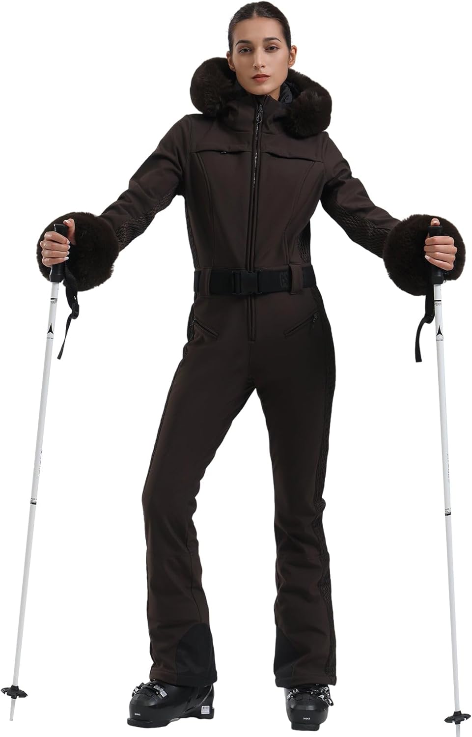GSOU SNOW Ski Suit Women One Piece Snowsuit Slim Ski Jumpsuit Faux Fur Snowboard Waterproof Windproof Insulated Warm Hooded · v3