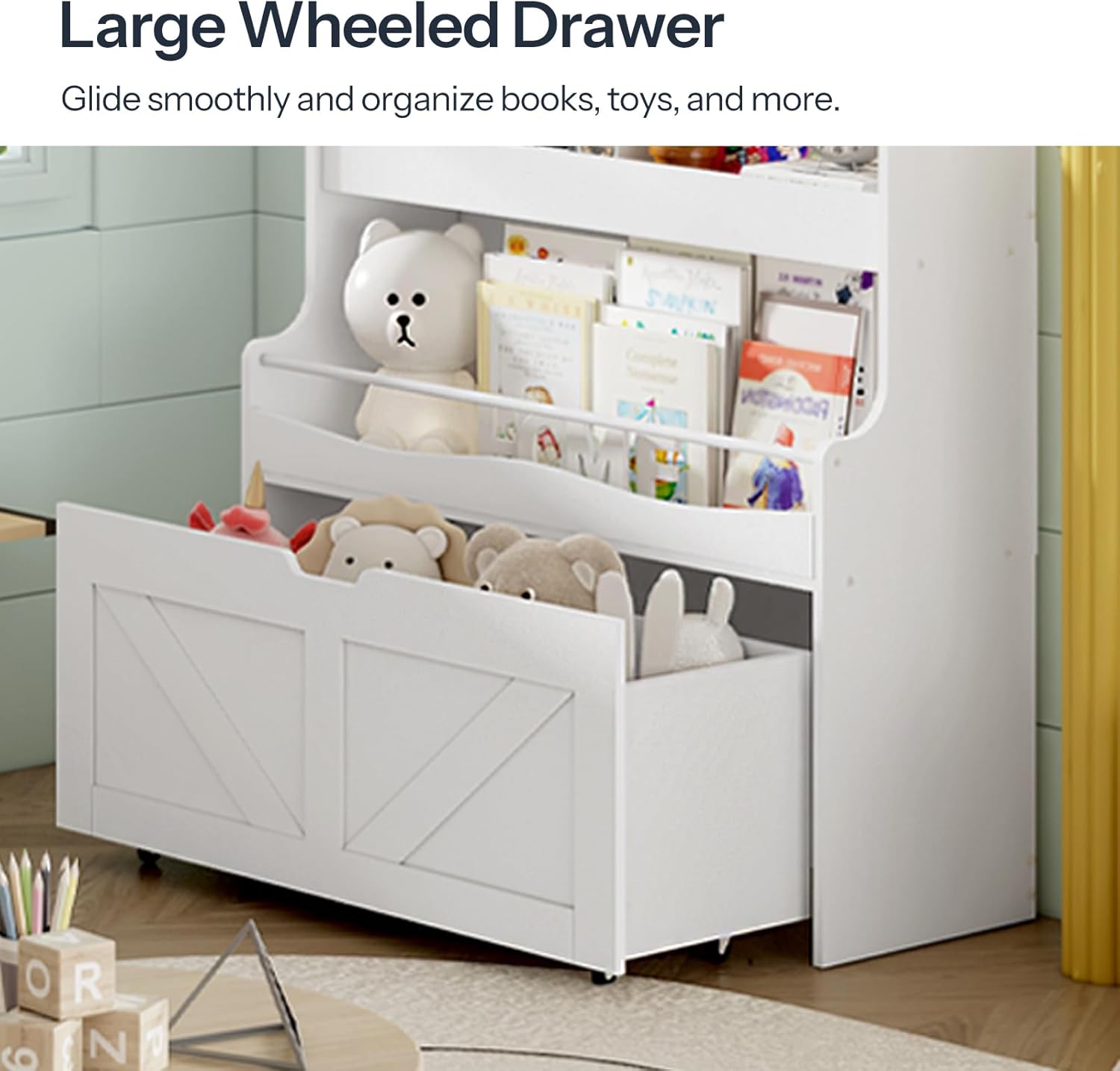 HOOBRO Kids Bookshelf, Toy Storage Organizer with Storage and Movable Drawer, Children Bookcase with Crossbar, Bookcase Display, Kids Bookshelf and Toy Storage for Playroom or Nursery, White WT08CW01 · v3