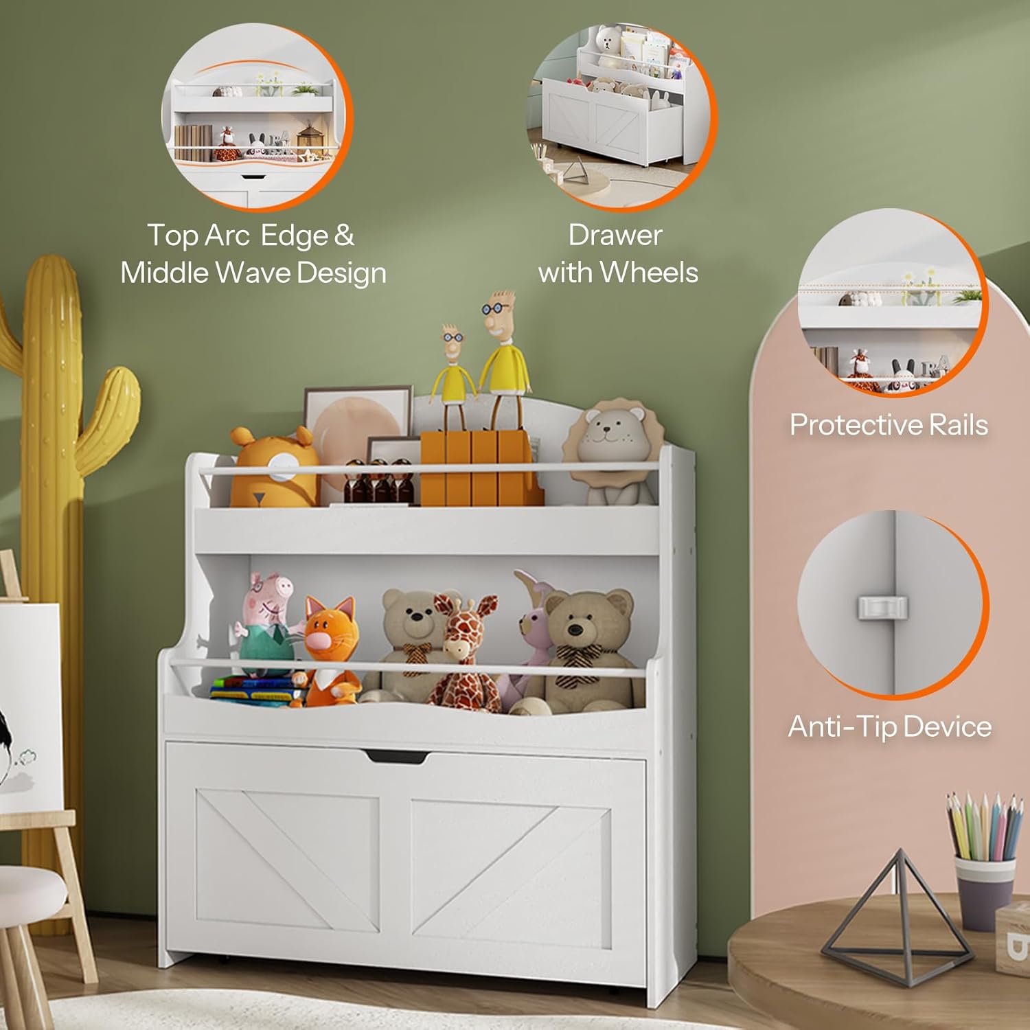 HOOBRO Kids Bookshelf, Toy Storage Organizer with Storage and Movable Drawer, Children Bookcase with Crossbar, Bookcase Display, Kids Bookshelf and Toy Storage for Playroom or Nursery, White WT08CW01 · v3