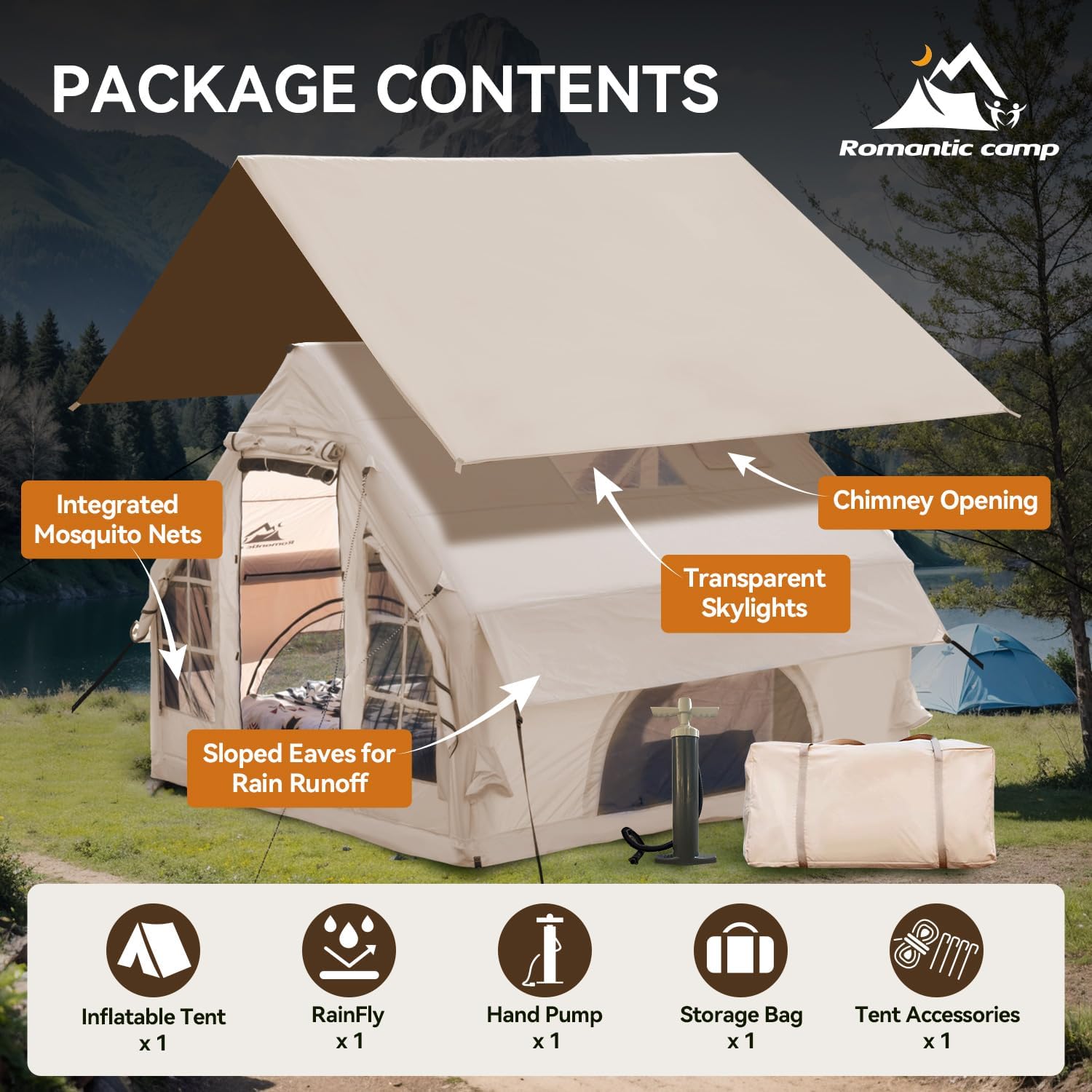 Aufblasbares Campingzelt mit Pumpe, wasserdichtes Aufblaszelt für 4-6 Personen zum Campen, Wandern, einfach aufzustellendes aufblasbares Hauszelt für 4 Jahreszeiten mit übergroßem Baldachin.