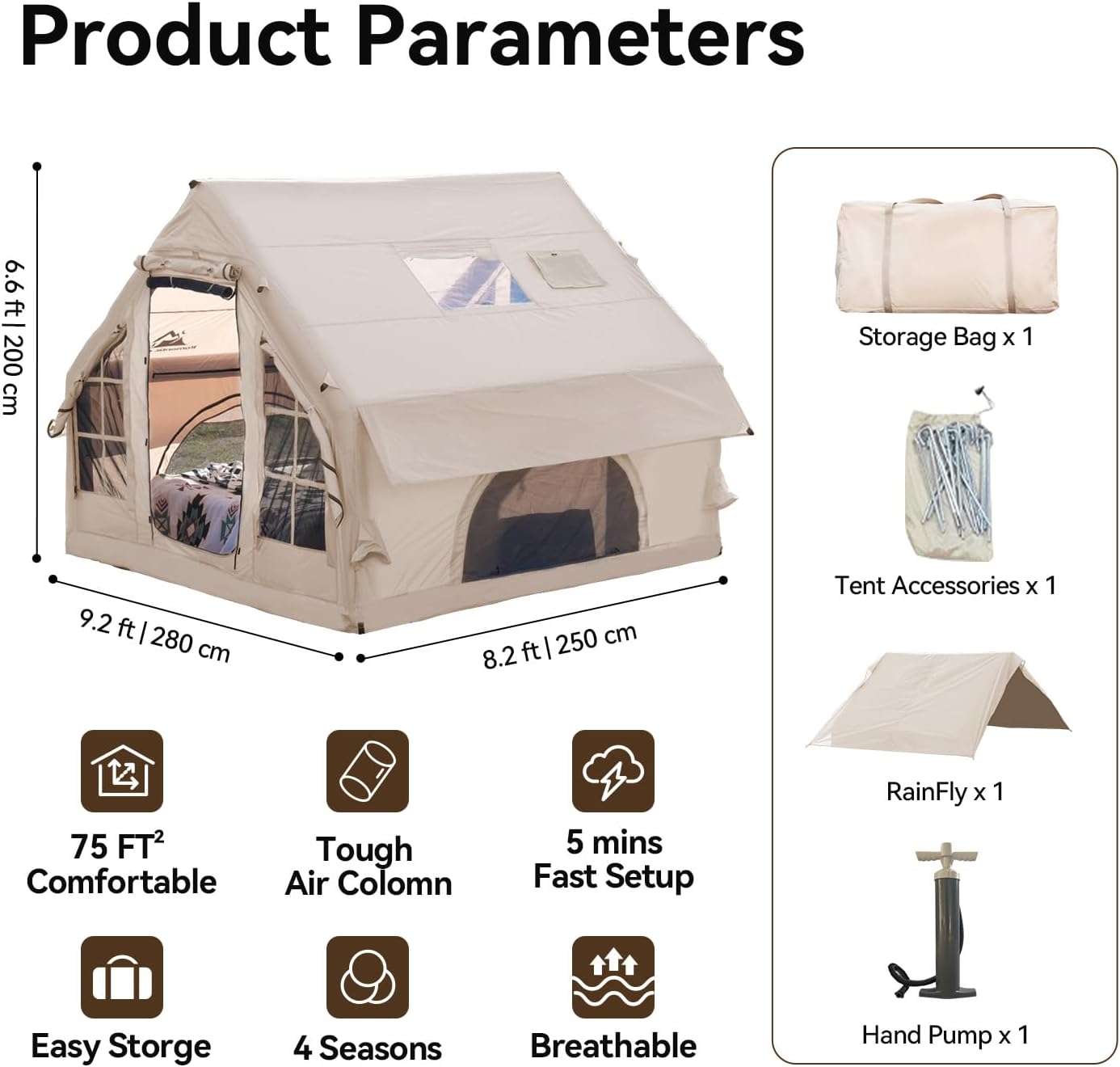 Aufblasbares Campingzelt mit Pumpe, wasserdichtes Aufblaszelt für 4-6 Personen zum Campen, Wandern, einfach aufzustellendes aufblasbares Hauszelt für 4 Jahreszeiten mit übergroßem Baldachin.