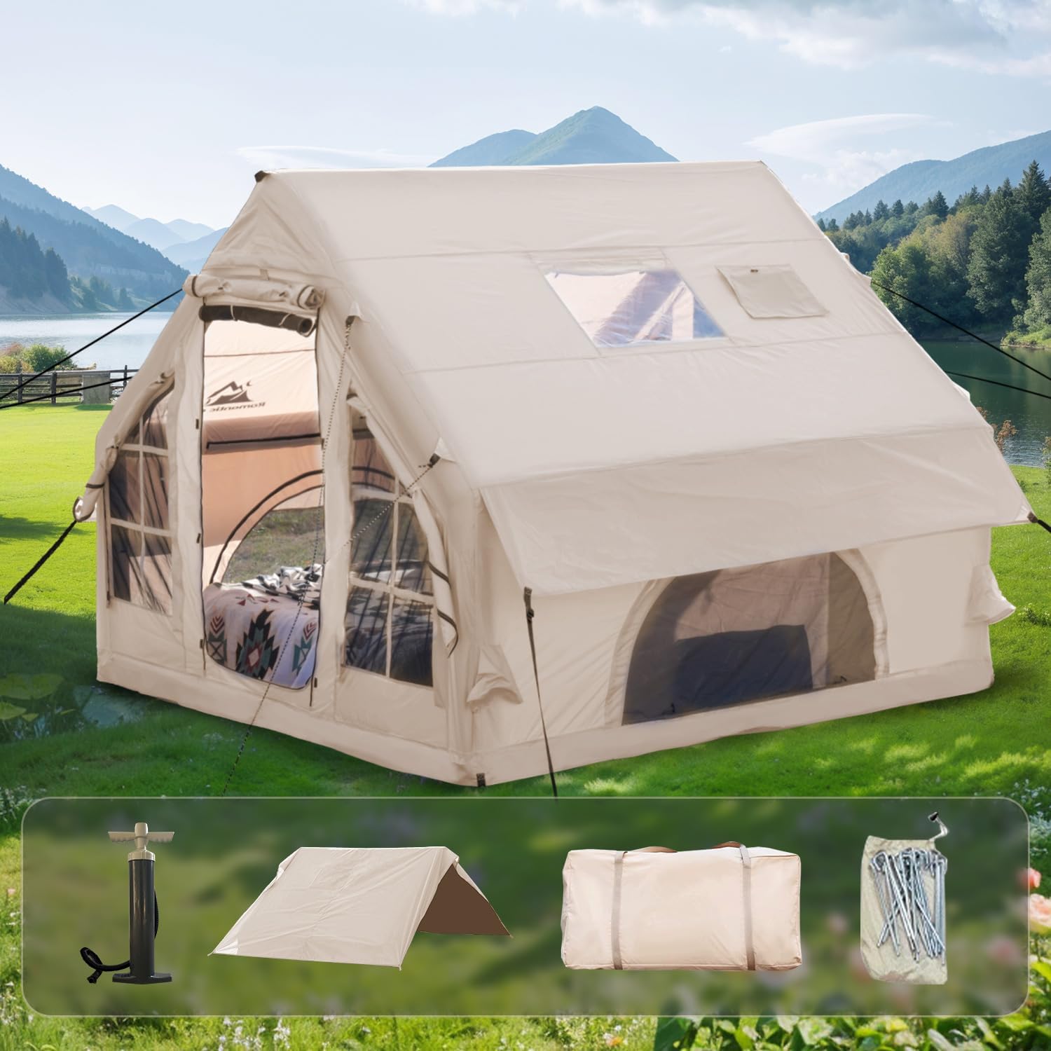 Aufblasbares Campingzelt mit Pumpe, wasserdichtes Aufblaszelt für 4-6 Personen zum Campen, Wandern, einfach aufzustellendes aufblasbares Hauszelt für 4 Jahreszeiten mit übergroßem Baldachin.