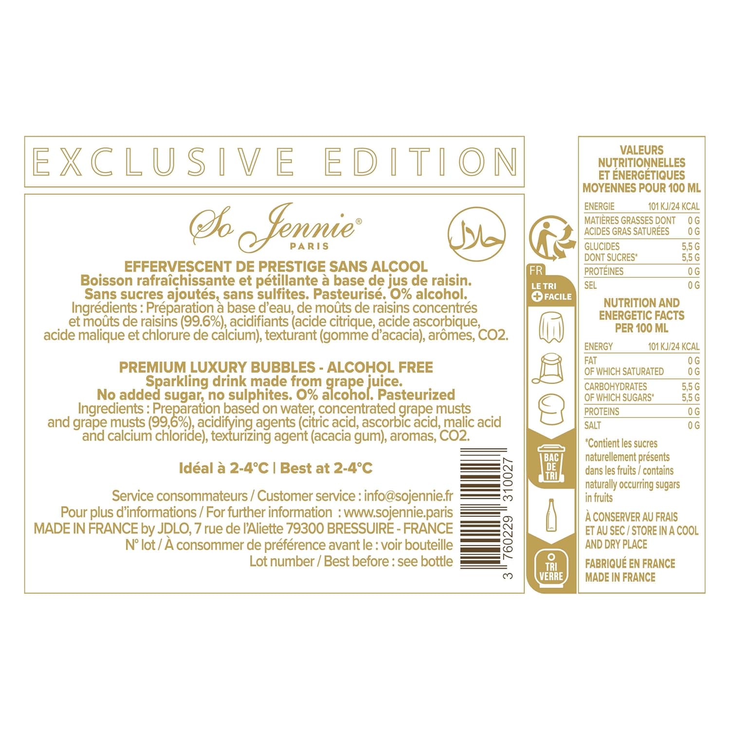 So Jennie Paris Alcohol-Free Blanc Dry Sparkling Wine - Certified Halal, Low Calorie, Sulfite Free - No Preservatives, No Added Sugar (375ml, Case of 6) · v3