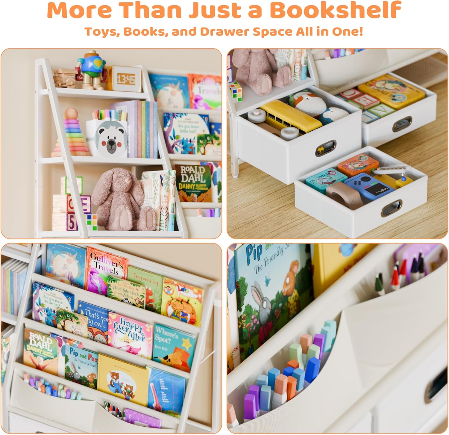 ชั้นวางหนังสือเด็กและที่เก็บของเล่น POZILAN - ชั้นวางหนังสือเด็ก 3 ชั้นสำหรับห้องเด็ก ชั้นวางหนังสือเด็กพร้อมลิ้นชัก 3 ลิ้นชัก ชั้นวางหนังสือเด็กอ่อนสำหรับห้องเด็กเล่นในห้องนอน