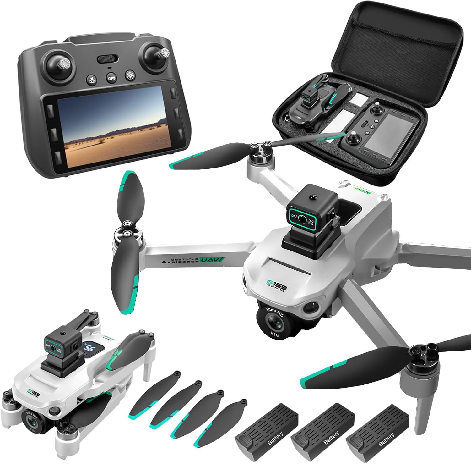 Drones avec caméra 4K pour adultes, drone GPS UHD, télécommande 5G avec écran, retour sur une touche, double caméra, troisième vitesse, mode flux optique et évitement d'obstacles, drone pour débutants (blanc)