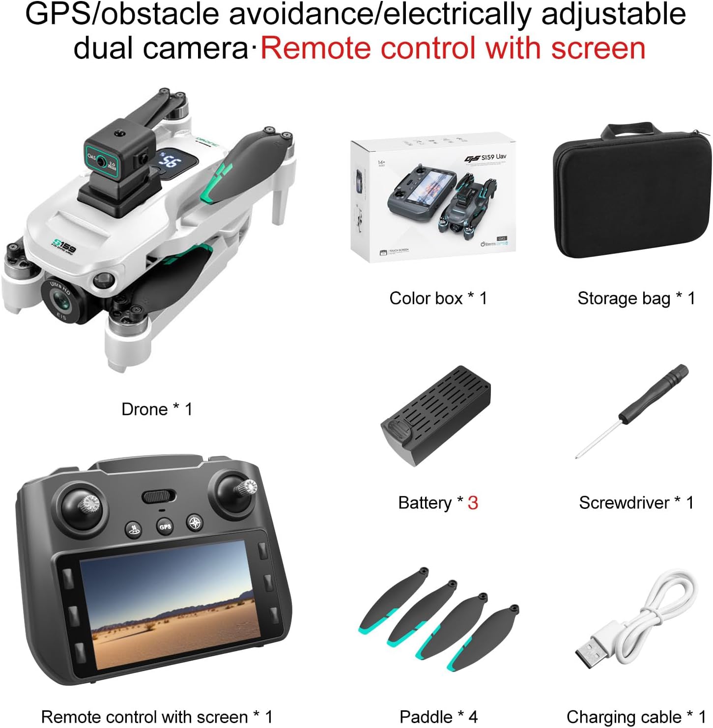 Drones avec caméra 4K pour adultes, drone GPS UHD, télécommande 5G avec écran, retour sur une touche, double caméra, troisième vitesse, mode flux optique et évitement d'obstacles, drone pour débutants (blanc)