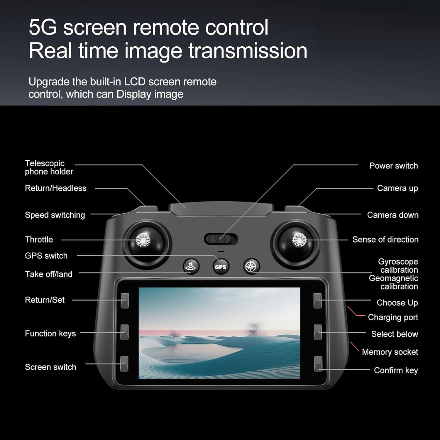 Drones avec caméra 4K pour adultes, drone GPS UHD, télécommande 5G avec écran, retour sur une touche, double caméra, troisième vitesse, mode flux optique et évitement d'obstacles, drone pour débutants (blanc)