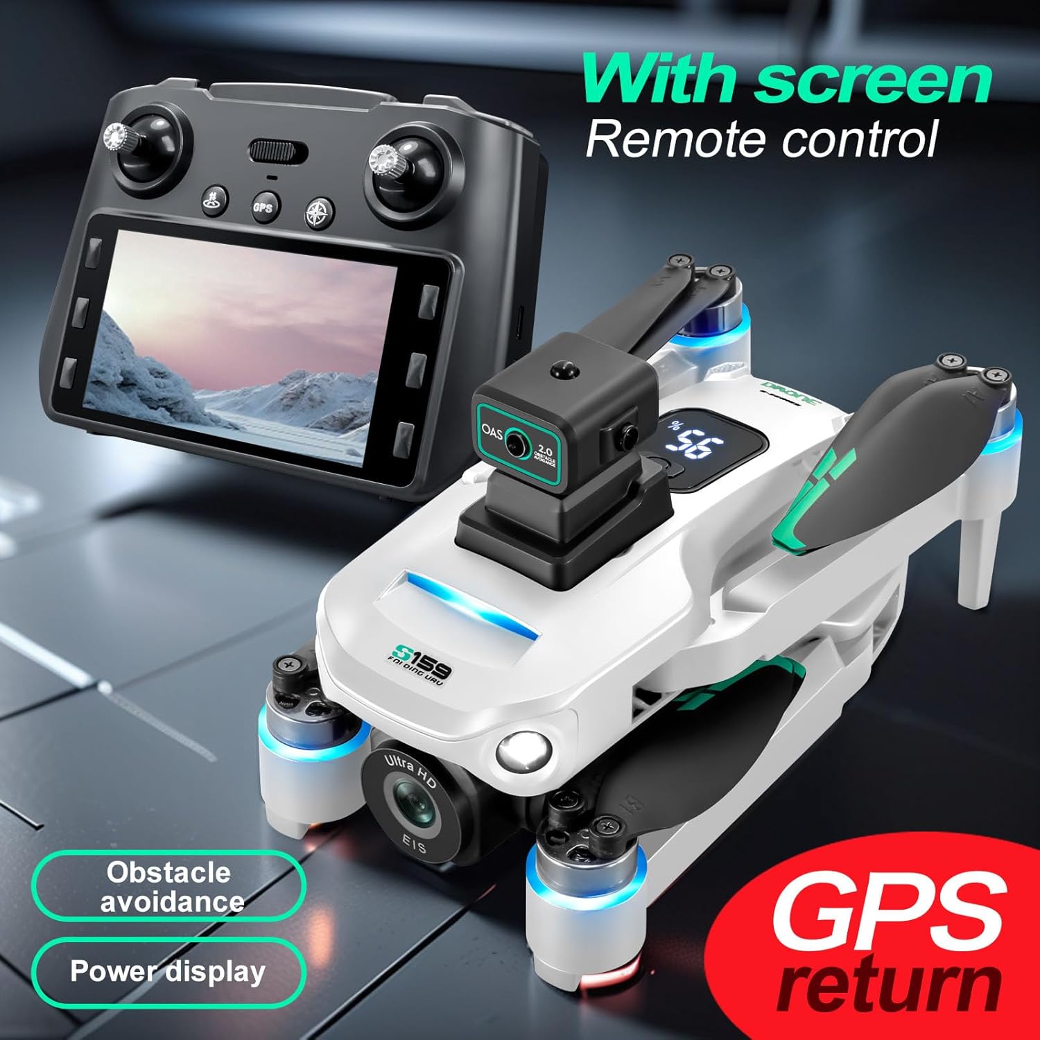 Drones avec caméra 4K pour adultes, drone GPS UHD, télécommande 5G avec écran, retour sur une touche, double caméra, troisième vitesse, mode flux optique et évitement d'obstacles, drone pour débutants (blanc)