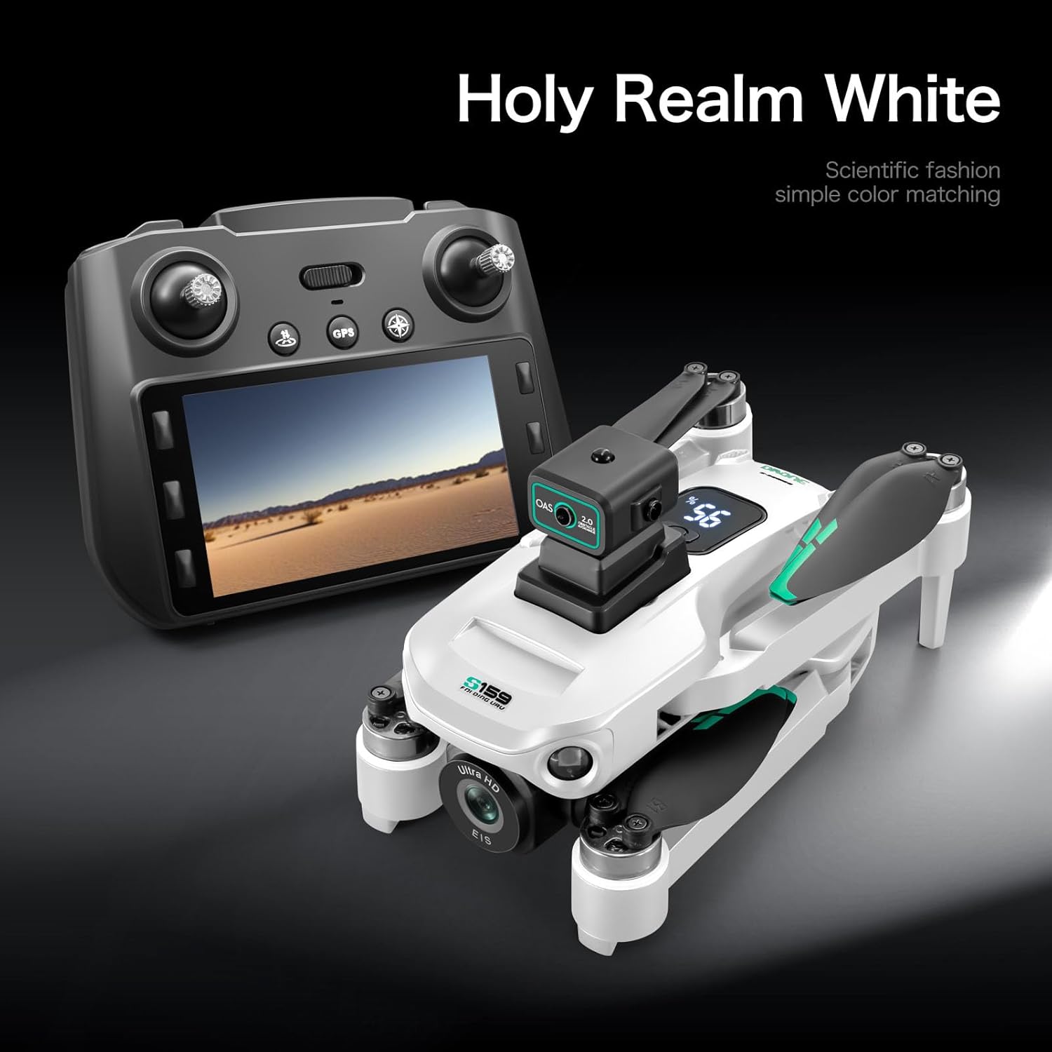 Drones avec caméra 4K pour adultes, drone GPS UHD, télécommande 5G avec écran, retour sur une touche, double caméra, troisième vitesse, mode flux optique et évitement d'obstacles, drone pour débutants (blanc)