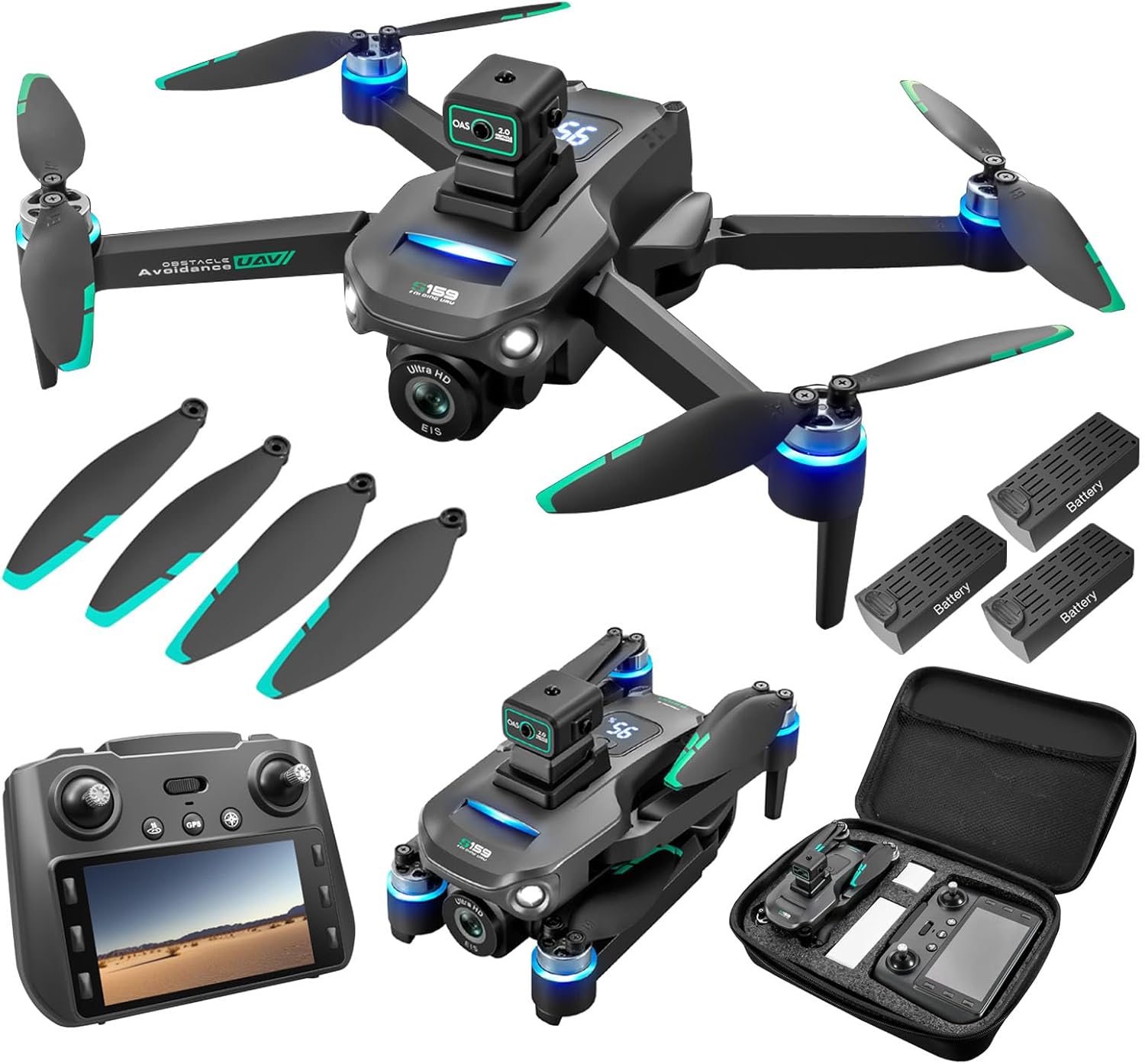 Drones avec caméra 4K pour adultes, drone GPS UHD, télécommande 5G avec écran, retour sur une touche, double caméra, troisième vitesse, mode flux optique et évitement d'obstacles, drone pour débutants (noir)