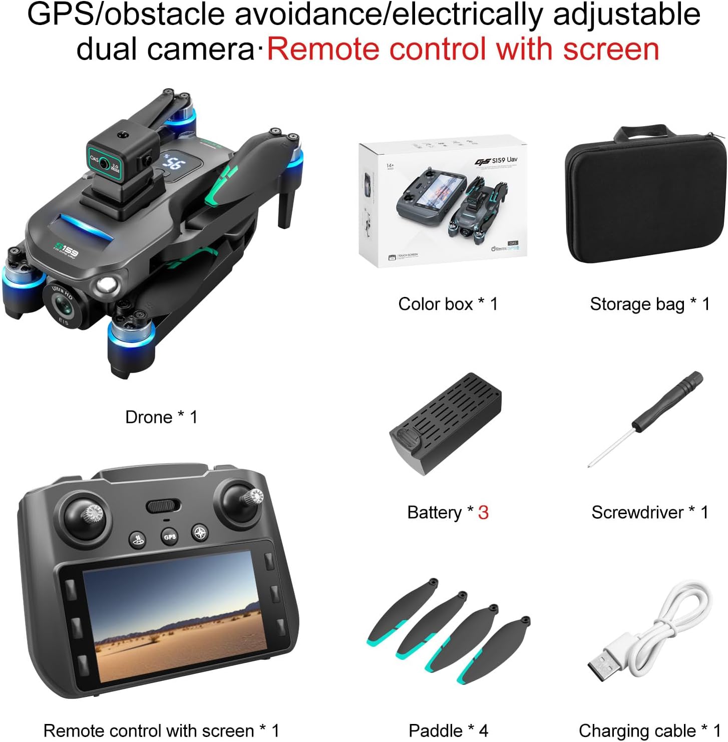 Drones avec caméra 4K pour adultes, drone GPS UHD, télécommande 5G avec écran, retour sur une touche, double caméra, troisième vitesse, mode flux optique et évitement d'obstacles, drone pour débutants (noir)