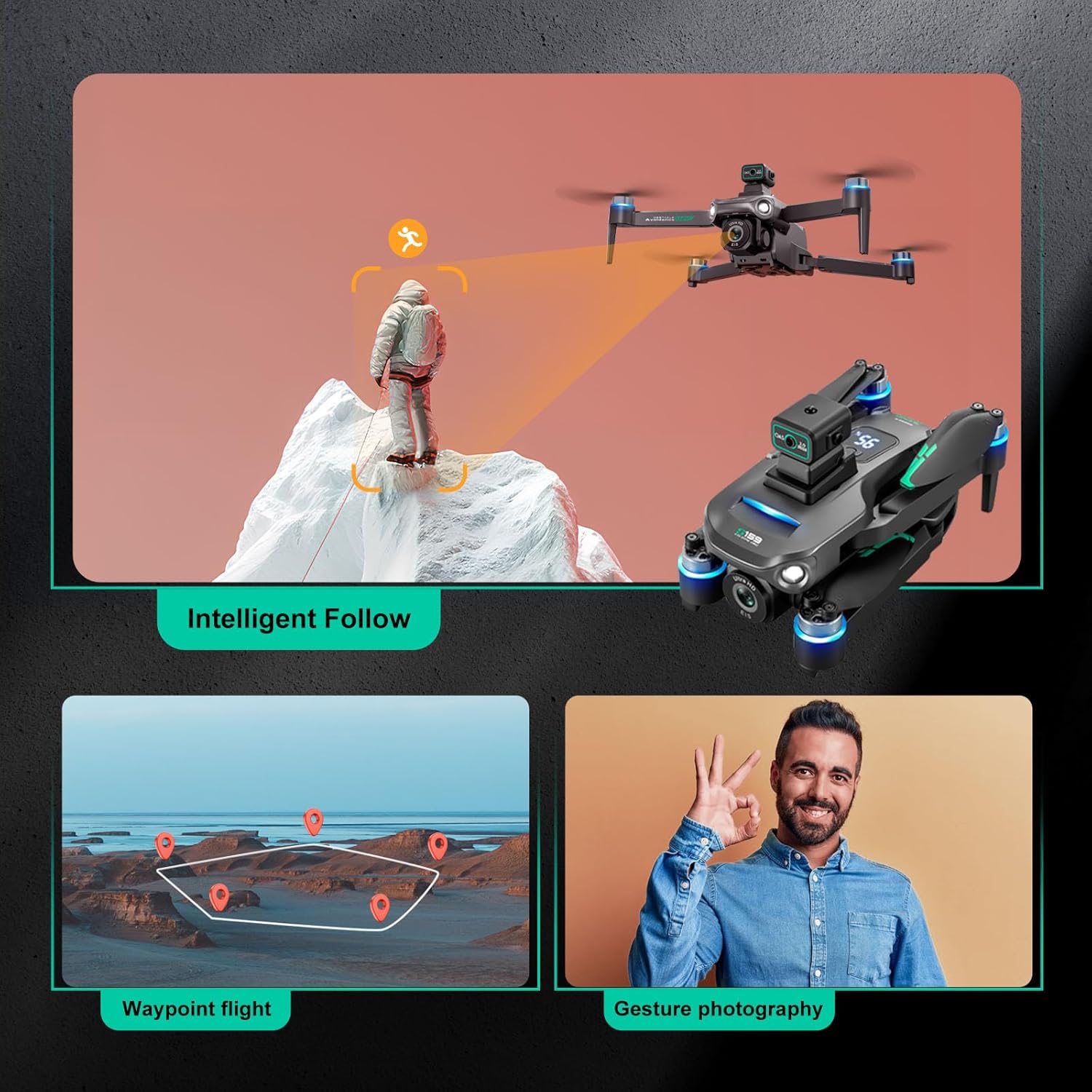 Drones avec caméra 4K pour adultes, drone GPS UHD, télécommande 5G avec écran, retour sur une touche, double caméra, troisième vitesse, mode flux optique et évitement d'obstacles, drone pour débutants (noir)