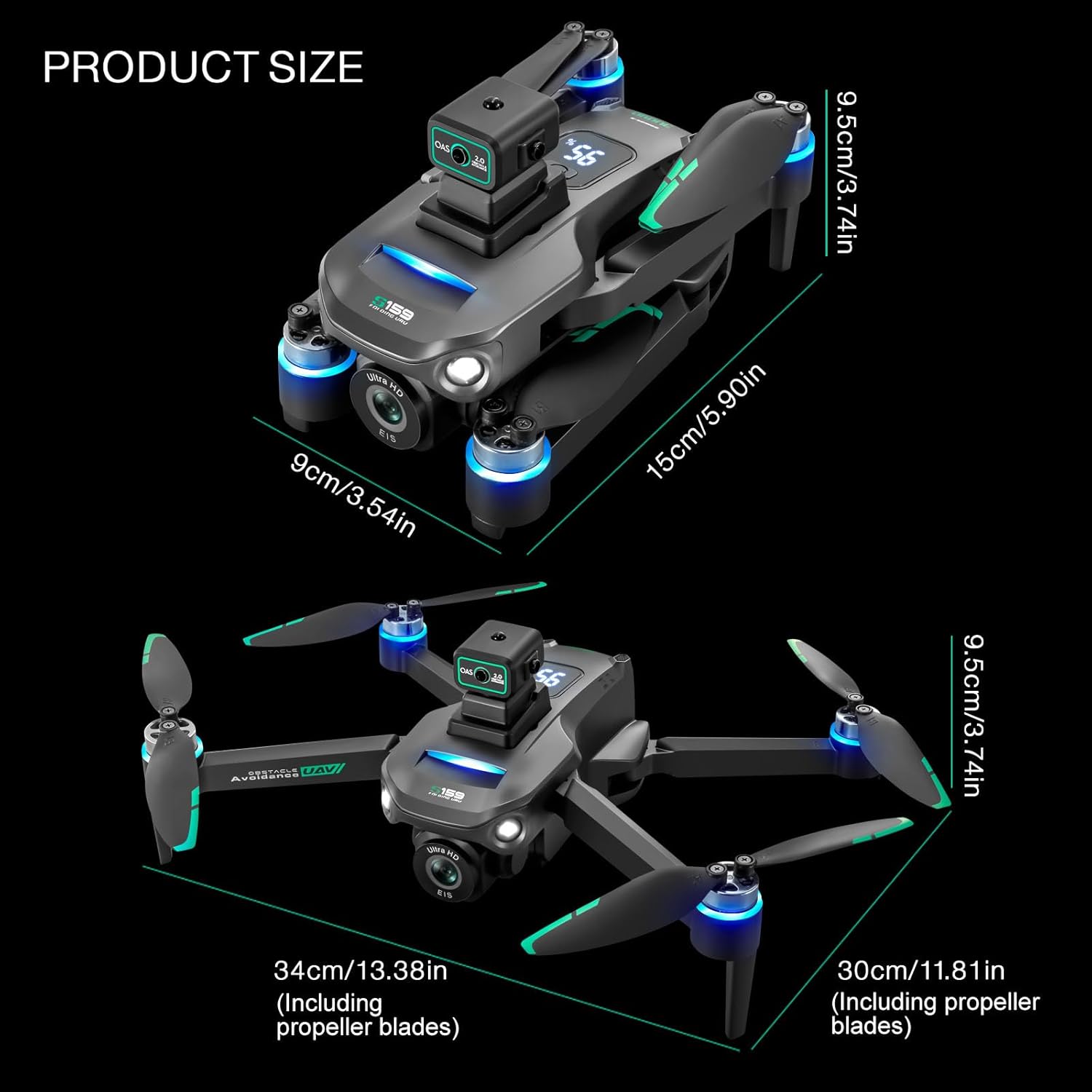 Drones avec caméra 4K pour adultes, drone GPS UHD, télécommande 5G avec écran, retour sur une touche, double caméra, troisième vitesse, mode flux optique et évitement d'obstacles, drone pour débutants (noir)