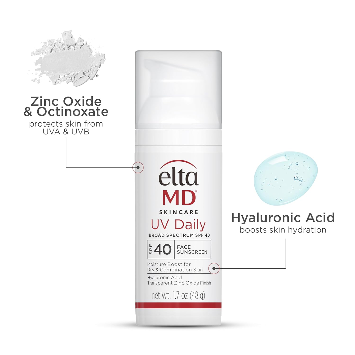 EltaMD UV Daily SPF 40 Face Sunscreen Moisturizer with Zinc Oxide, Daily Face Moisturizer with SPF, Sunscreen, 1.7 oz Pump (Pack of 2)