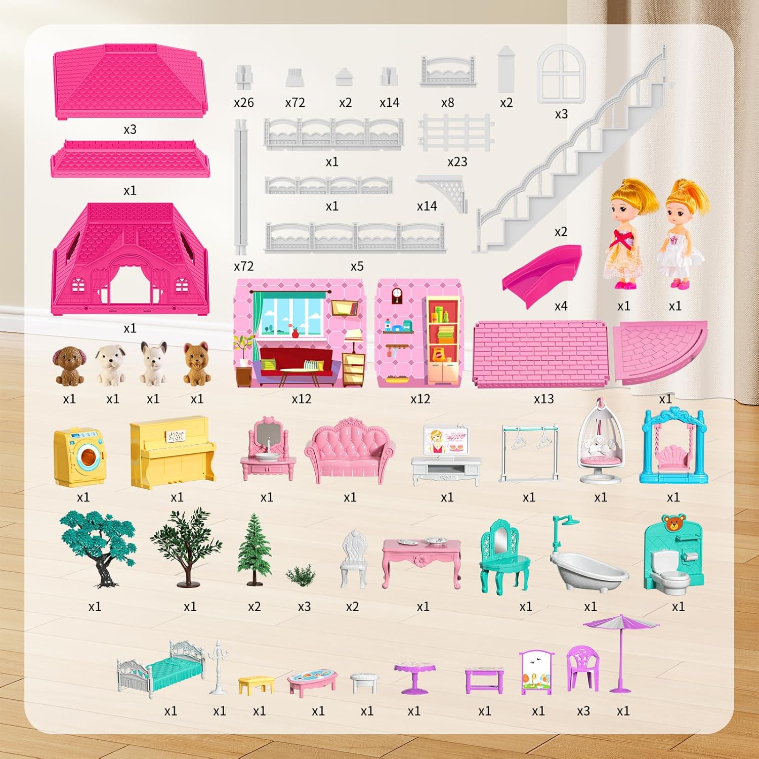 Villa Girls Toys per bambini da 3 4 5 6 7-12 anni Camere Giocattoli per interni con 2 bambole, Giocattolo Pretend Plays con accessori e mobili, Gioco all'aperto per bambini, Giocattoli per ragazze, Regali, Giocattoli per 3-6