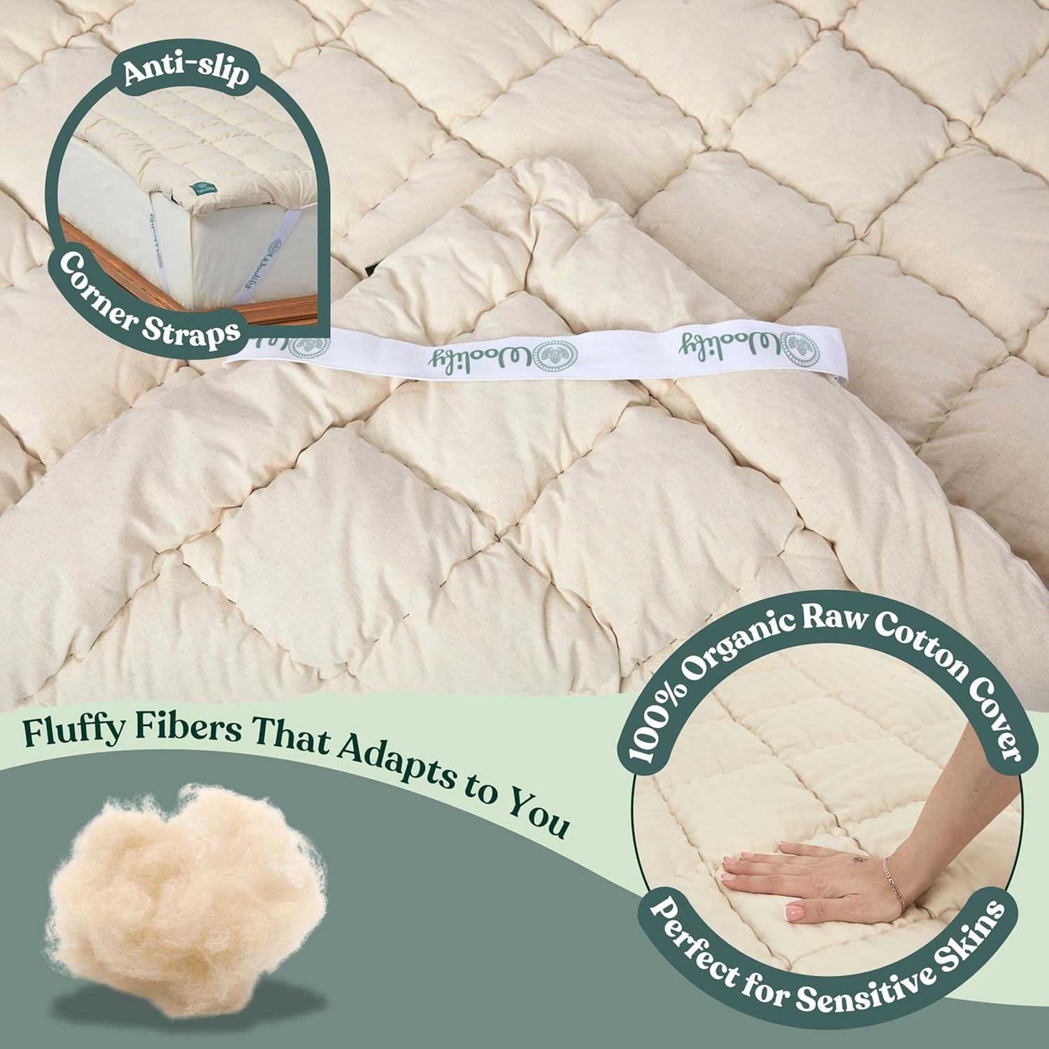 Cubrecolchón de lana merino orgánica, funda de colchón con la parte superior acolchada de 2 pulgadas, hecho a mano, no tóxico, refrescante, hipoalergénico, alivio natural del dolor de espalda, ropa de cama sostenible (tamaño king)