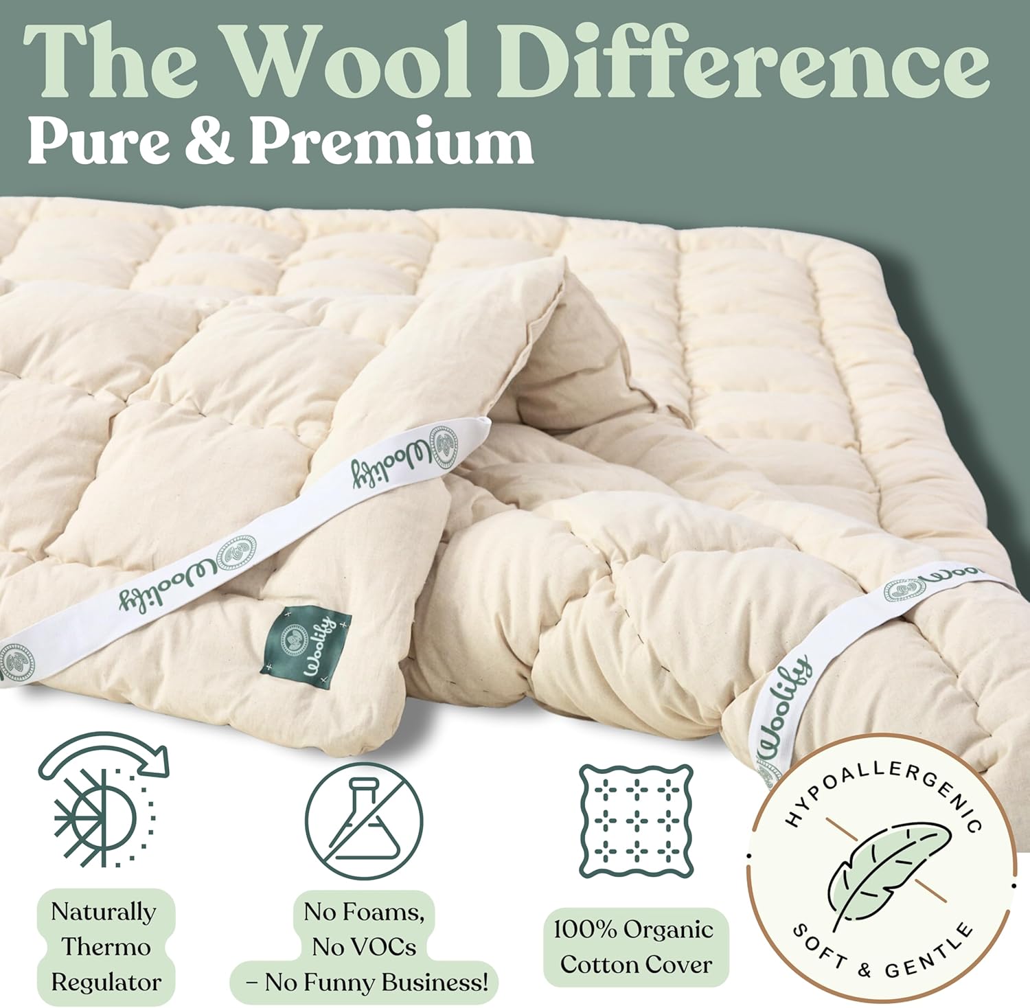 Organic Merino Wool Mattress Topper - Luxury Pillow Top Mattress Pad, Handmade, Non-Toxic, Cooling Hypoallergenic, Natural Back Pain Relief, Sustainable Bedding (Full) · v2