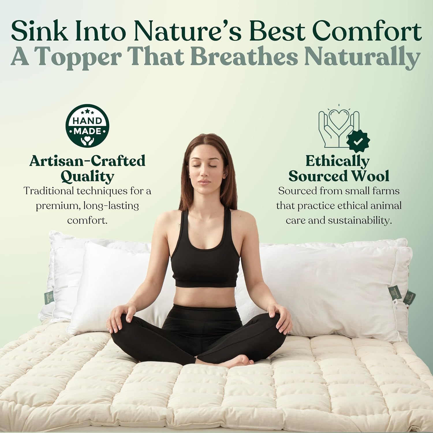 Organic Merino Wool Mattress Topper - Luxury Pillow Top Mattress Pad, Handmade, Non-Toxic, Cooling Hypoallergenic, Natural Back Pain Relief, Sustainable Bedding (Full) · v2
