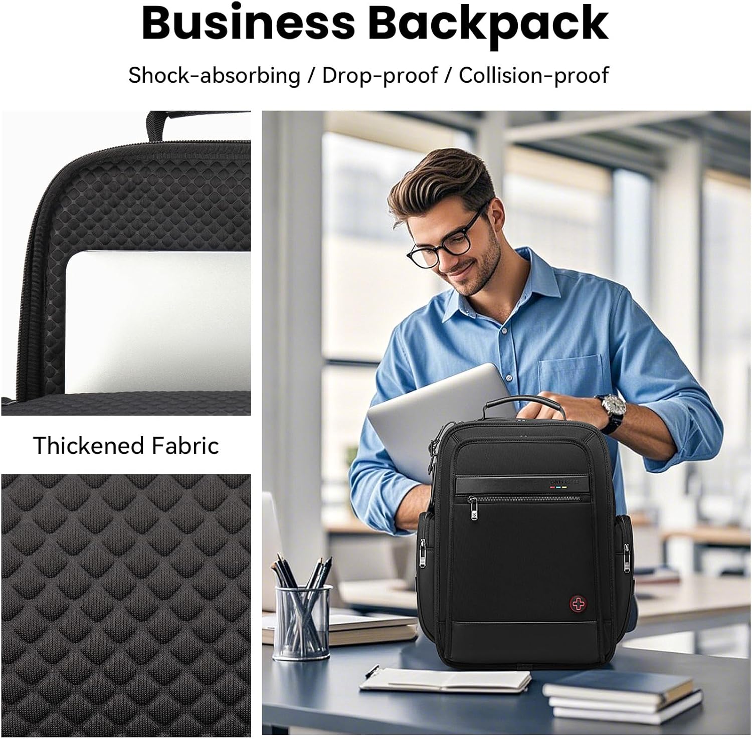 Business-Laptop-Rucksack für Männer und Frauen, 20 l große Büchertasche für Reisen, von der TSA zugelassen, Handgepäckrucksack, wasserdichter, lässiger Tagesrucksack, 15,6 l, professionelle Computertasche mit dickeren Fächern, Schwarz