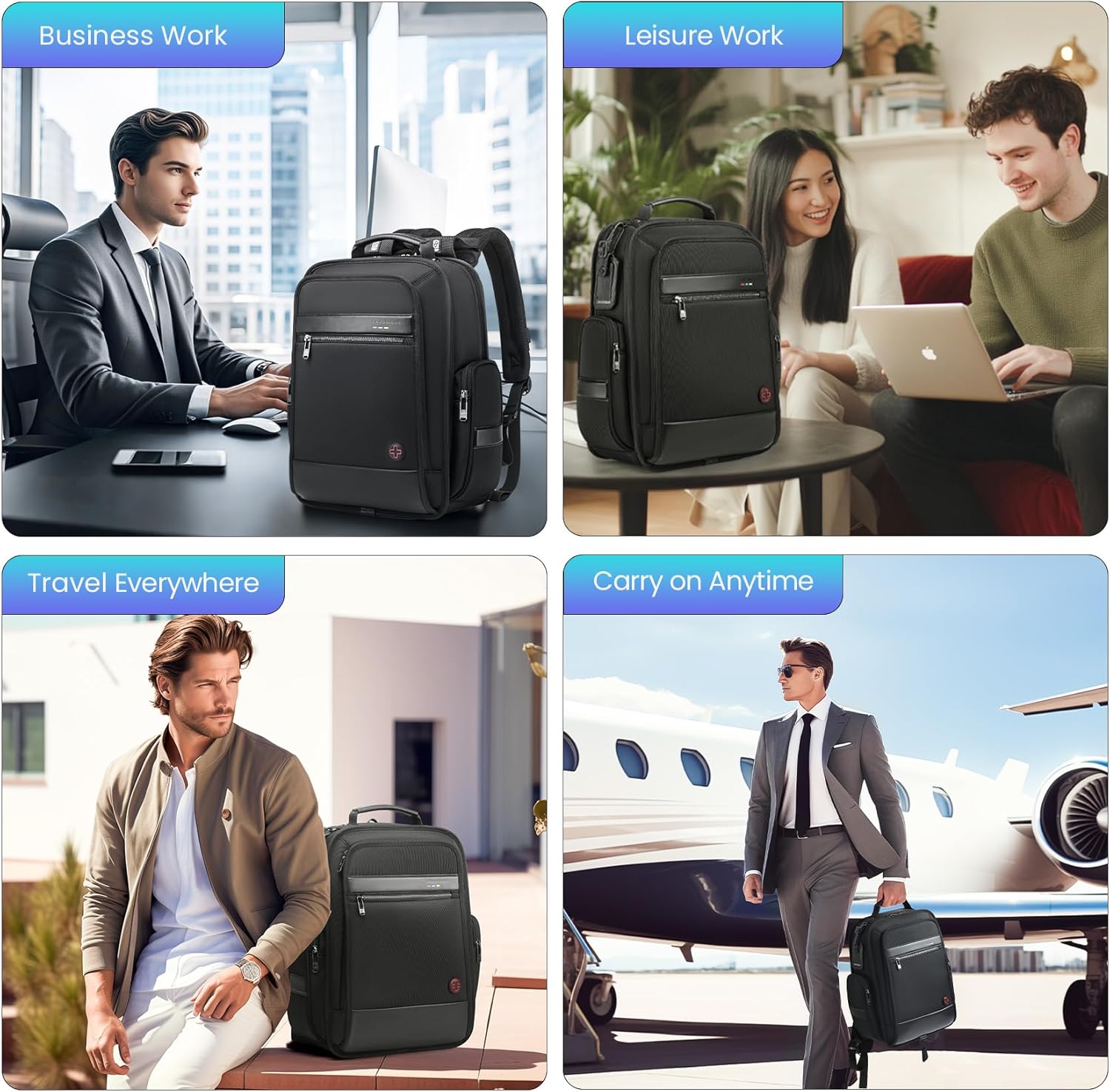 Business-Laptop-Rucksack für Männer und Frauen, 20 l große Büchertasche für Reisen, von der TSA zugelassen, Handgepäckrucksack, wasserdichter, lässiger Tagesrucksack, 15,6 l, professionelle Computertasche mit dickeren Fächern, Schwarz
