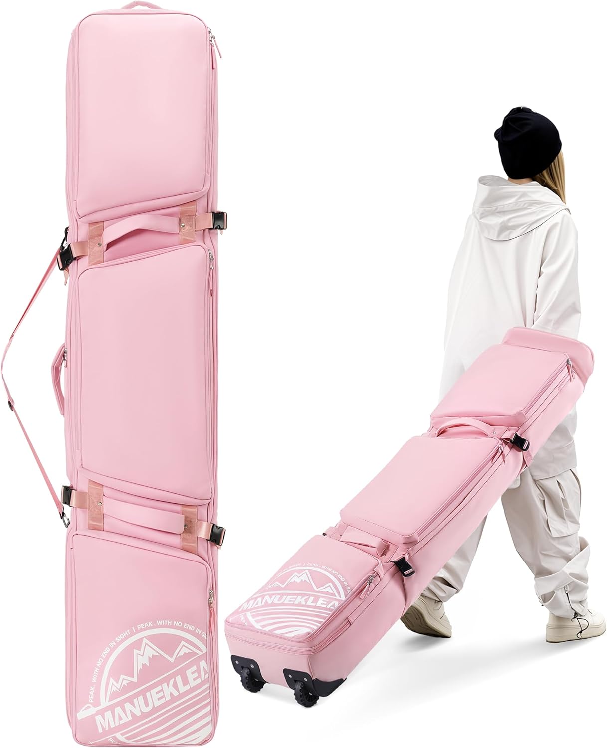 MANUEKLEAR Rolling Ski Travel Bag Holds Skis from 170-190 cm, Durable  Waterproof Snowboard Bag with Wheels, Foldable Double Ski Bag with Soft Padded and Detachable Shoulder Straps · v2