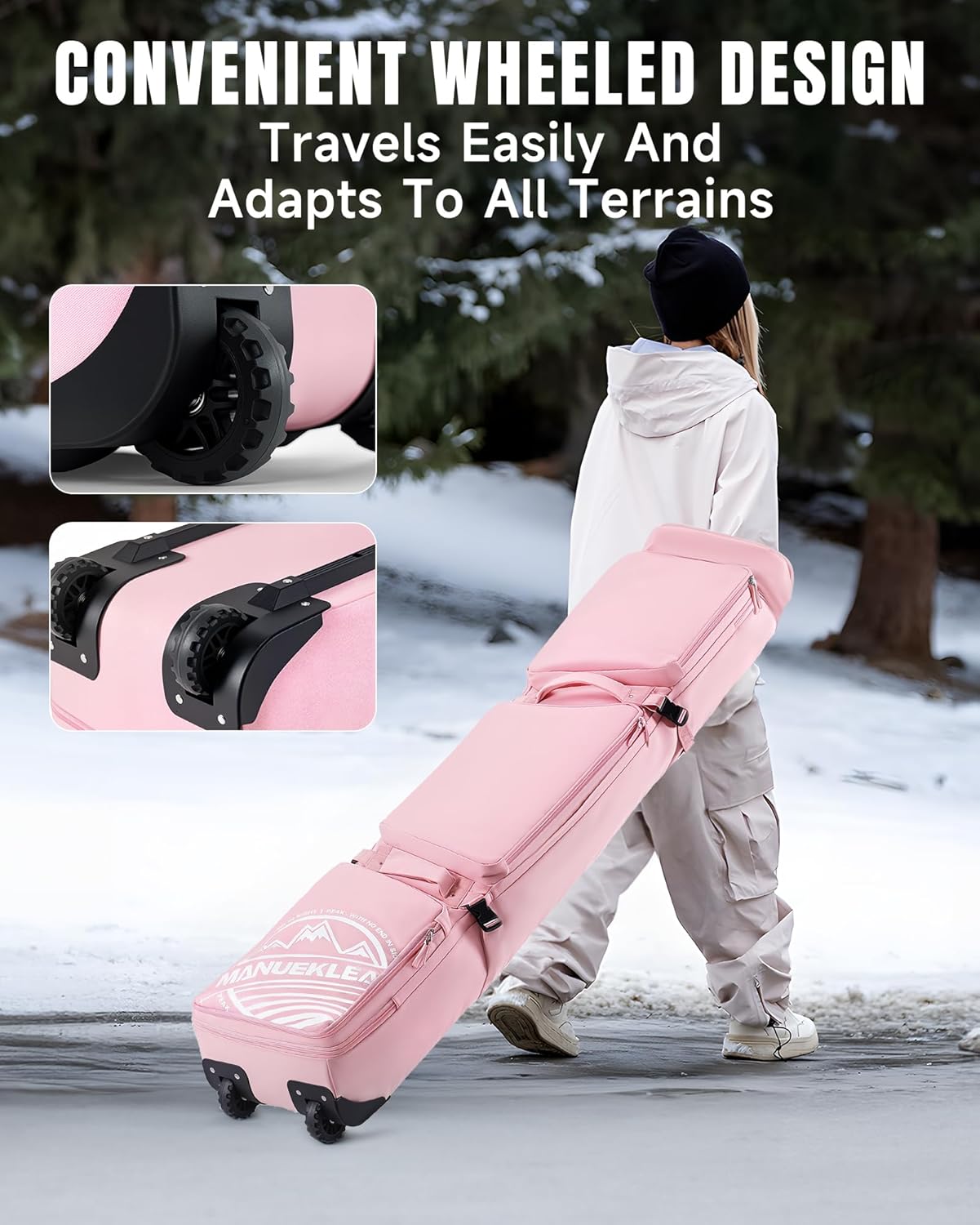 MANUEKLEAR Rolling Ski Travel Bag Holds Skis from 170-190 cm, Durable  Waterproof Snowboard Bag with Wheels, Foldable Double Ski Bag with Soft Padded and Detachable Shoulder Straps · v2