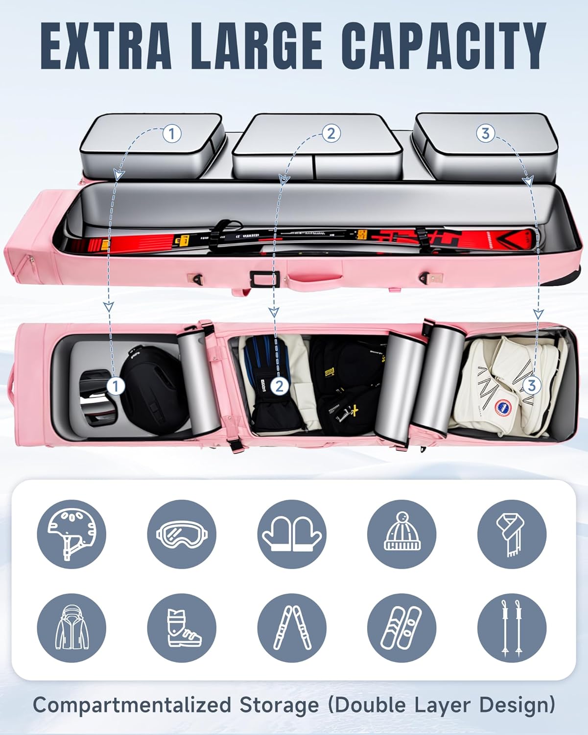 MANUEKLEAR Rolling Ski Travel Bag Holds Skis from 170-190 cm, Durable  Waterproof Snowboard Bag with Wheels, Foldable Double Ski Bag with Soft Padded and Detachable Shoulder Straps · v2