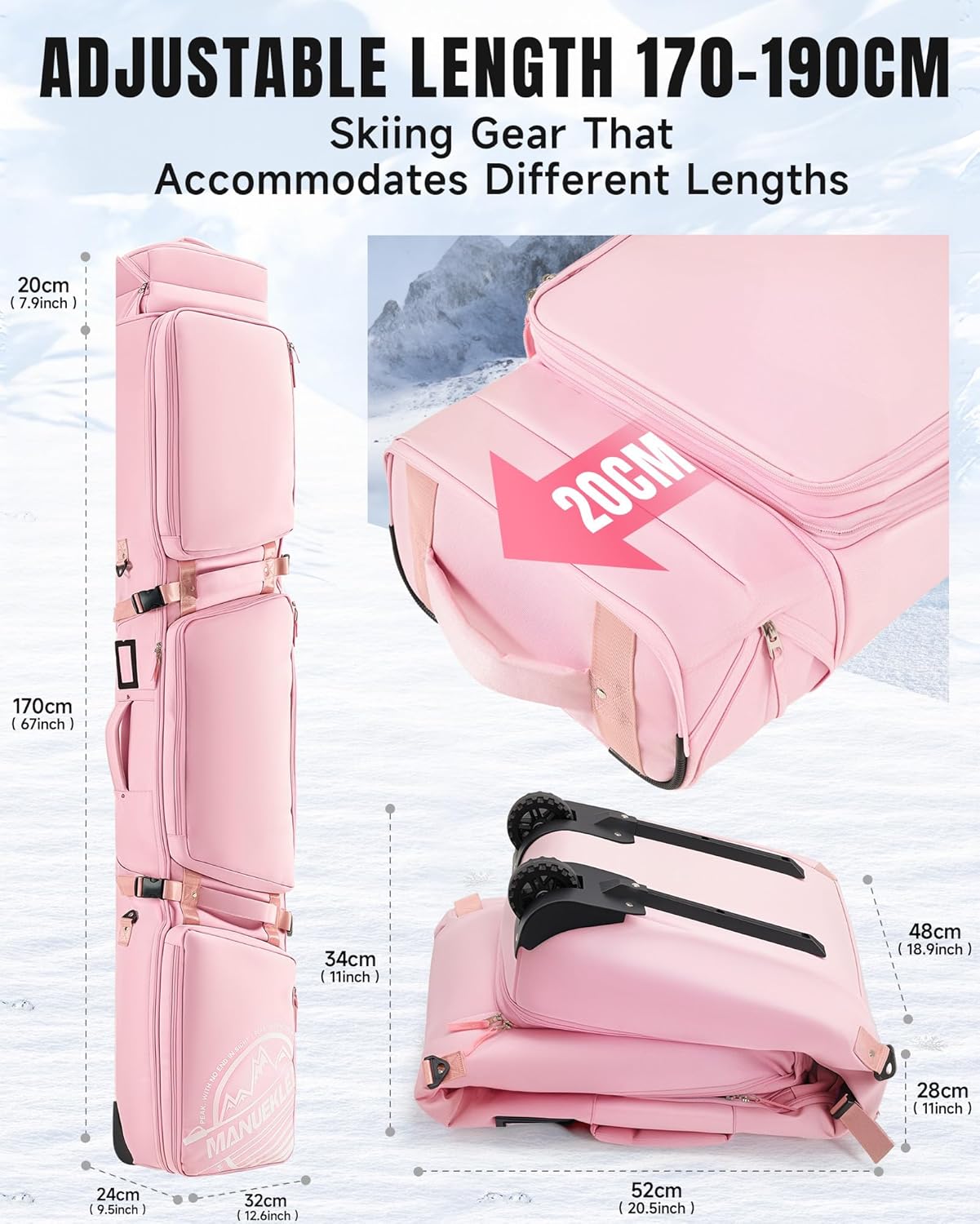 MANUEKLEAR Rolling Ski Travel Bag Holds Skis from 170-190 cm, Durable  Waterproof Snowboard Bag with Wheels, Foldable Double Ski Bag with Soft Padded and Detachable Shoulder Straps · v2