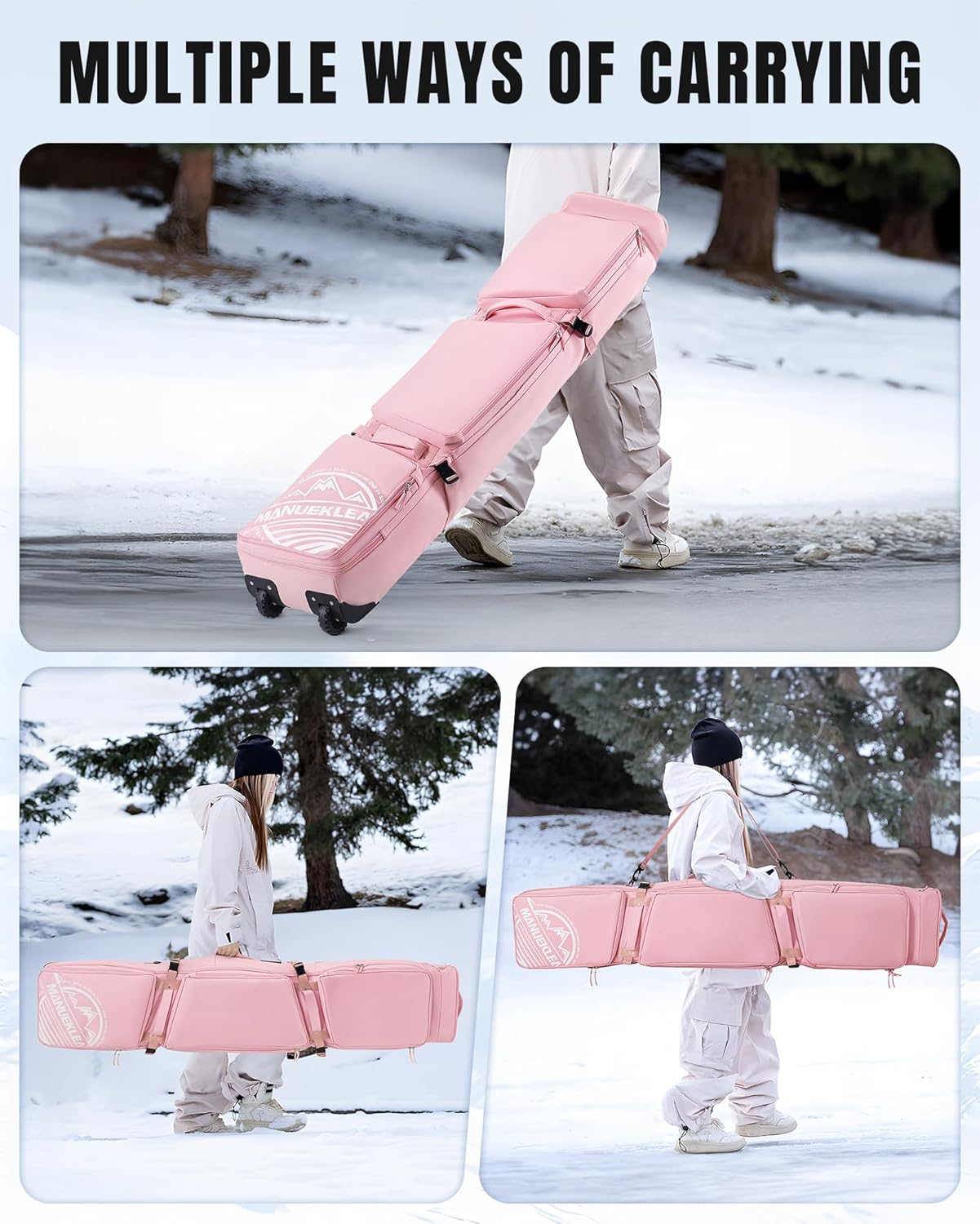 MANUEKLEAR Rolling Ski Travel Bag Holds Skis from 170-190 cm, Durable  Waterproof Snowboard Bag with Wheels, Foldable Double Ski Bag with Soft Padded and Detachable Shoulder Straps · v2