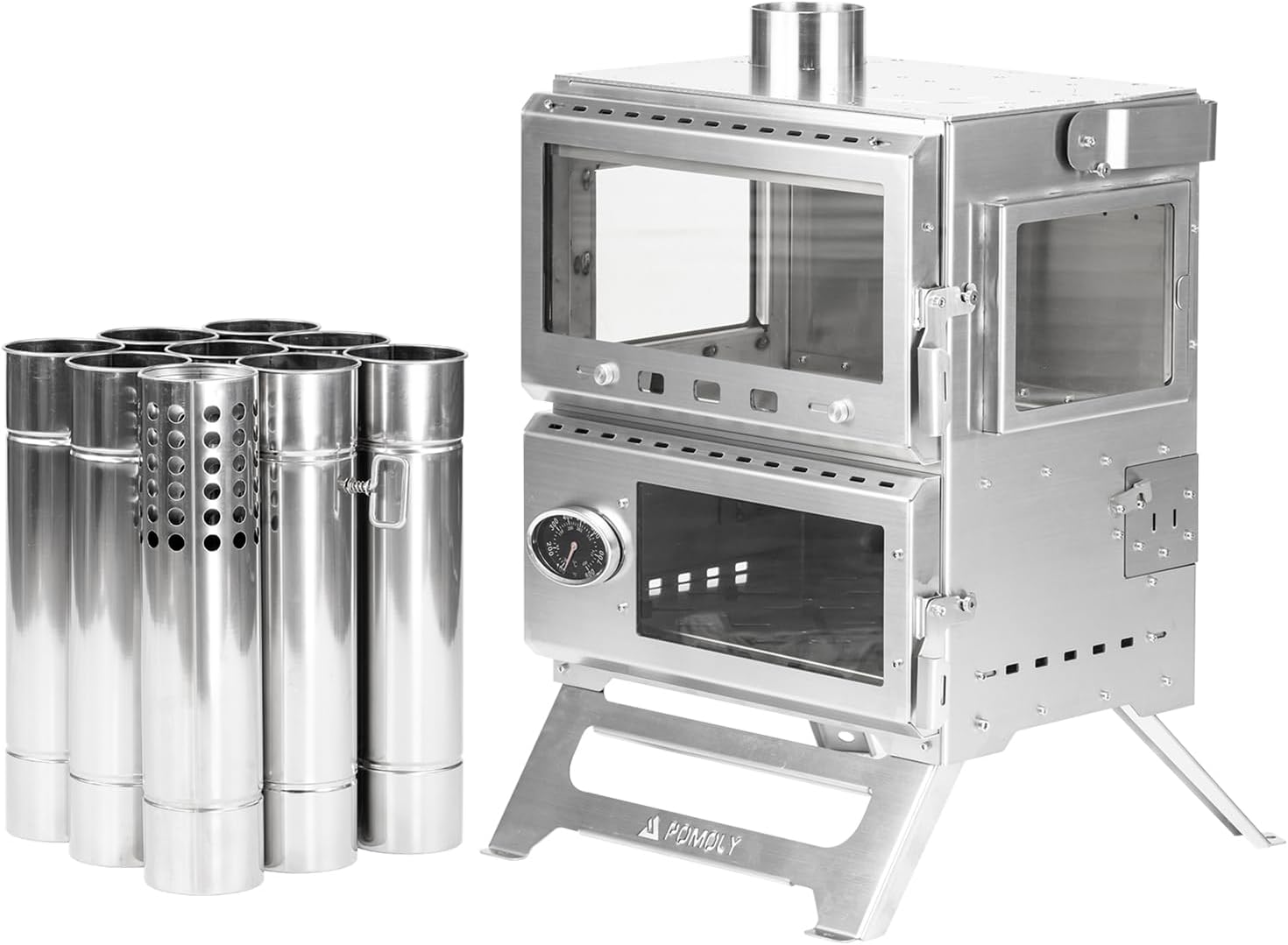 Camping Tent Stove Oven Wood Stove, POMOLY Baker Stainless Steel Wood Burning Stove for Hiking, Cooking, Heating (with Oven) · v9