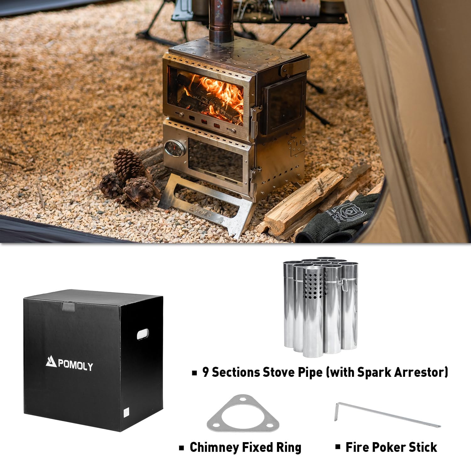 Camping Tent Stove Oven Wood Stove, POMOLY Baker Stainless Steel Wood Burning Stove for Hiking, Cooking, Heating (with Oven) · v9