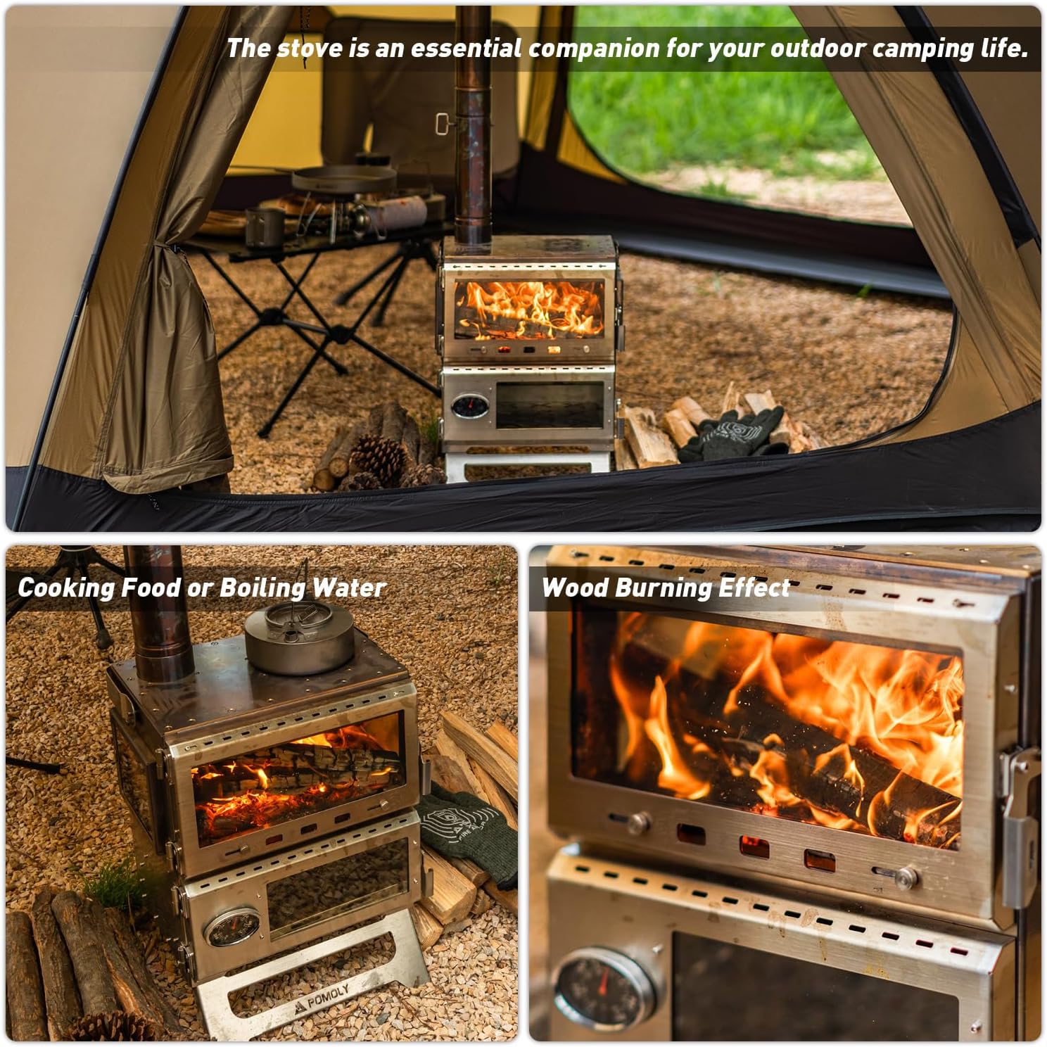 Camping Tent Stove Oven Wood Stove, POMOLY Baker Stainless Steel Wood Burning Stove for Hiking, Cooking, Heating (with Oven) · v9