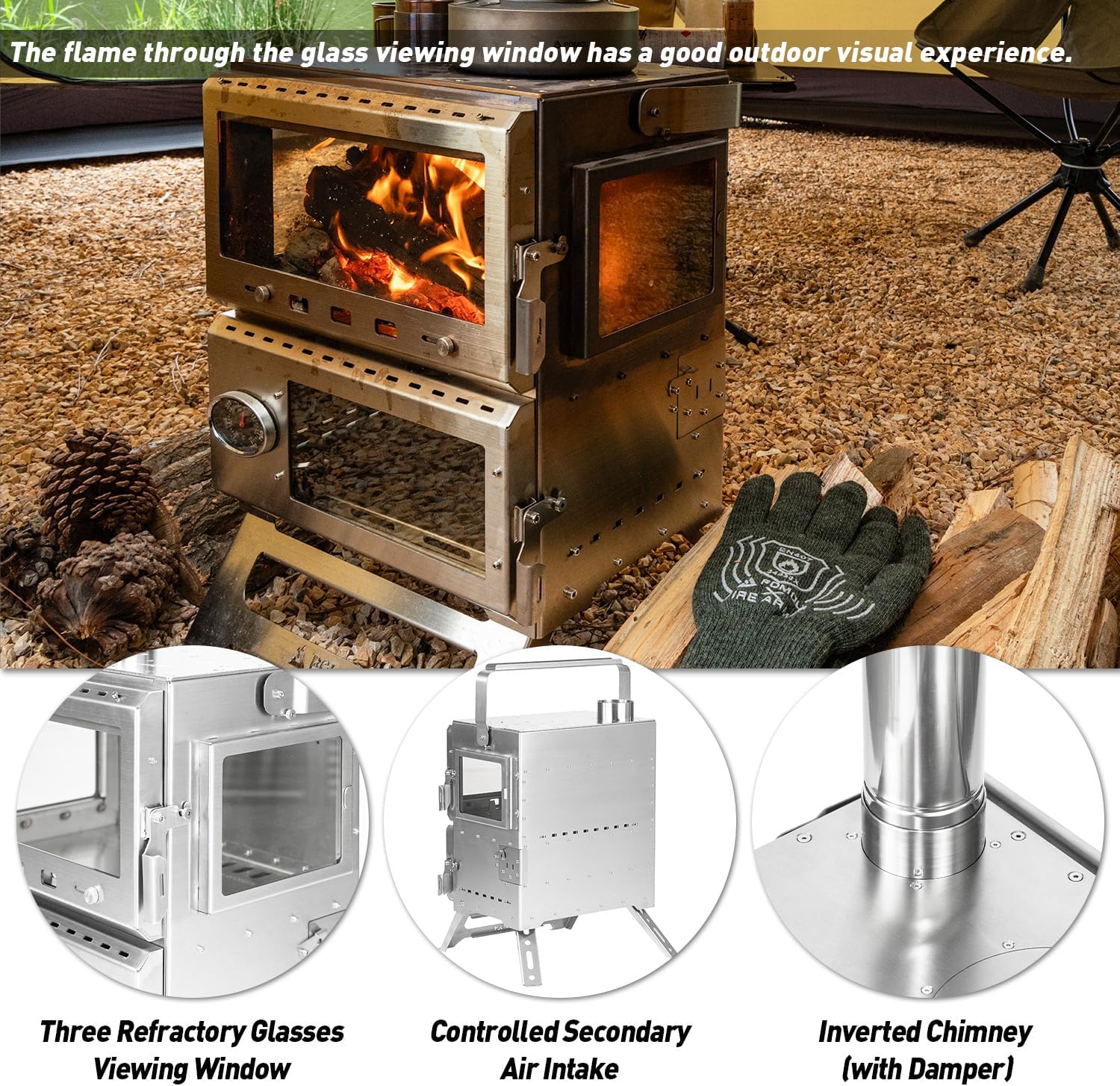 Camping Tent Stove Oven Wood Stove, POMOLY Baker Stainless Steel Wood Burning Stove for Hiking, Cooking, Heating (with Oven) · v9