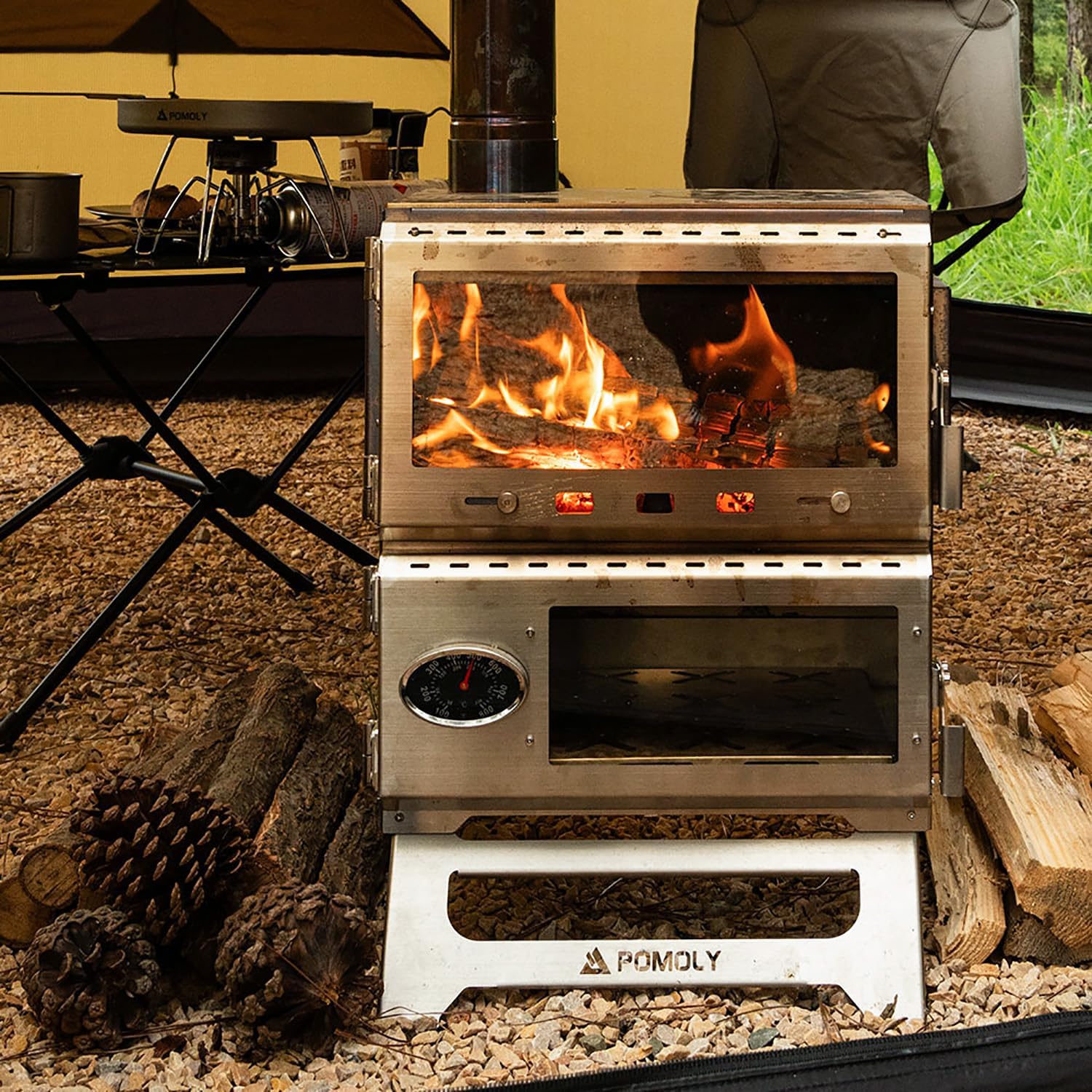 Camping Tent Stove Oven Wood Stove, POMOLY Baker Stainless Steel Wood Burning Stove for Hiking, Cooking, Heating (with Oven) · v9