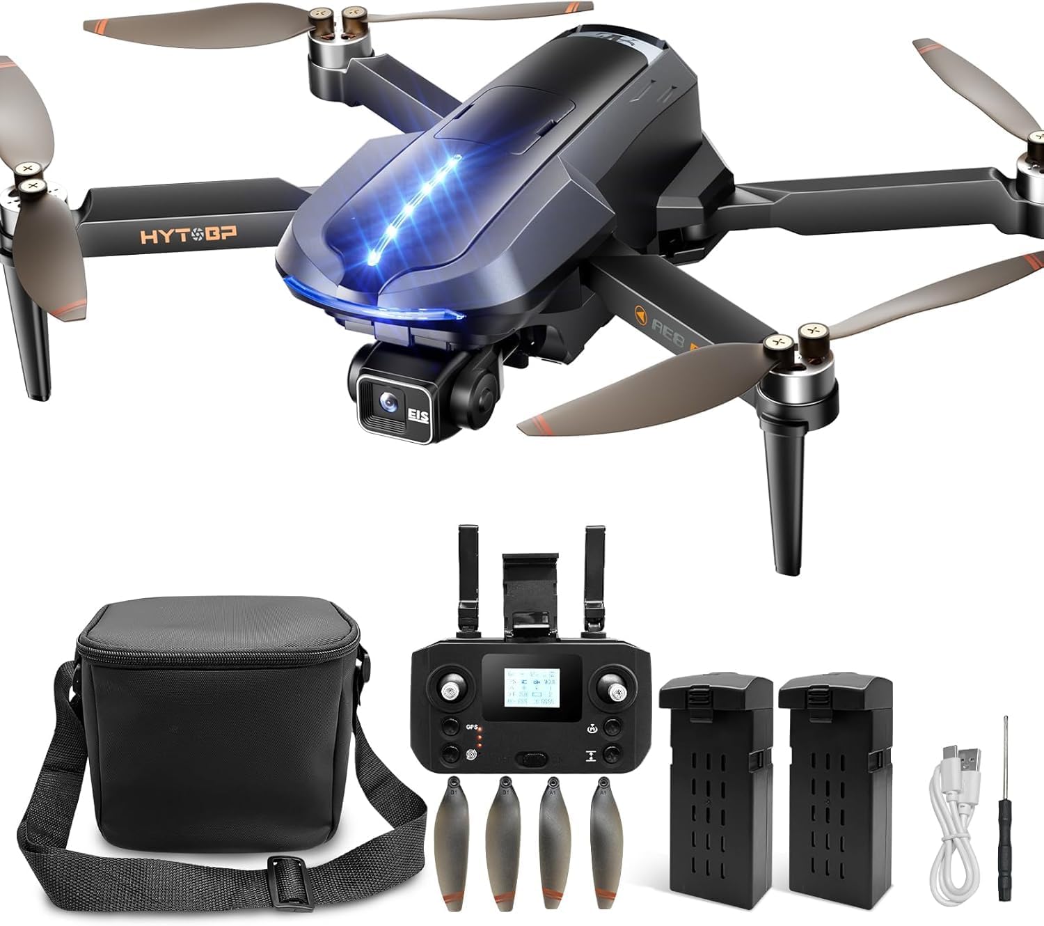Droni EIS Gimbal a 3 assi con fotocamera per adulti 4K/30FPS, drone GPS HYTOBP AE8 con motore brushless, 2 batterie, volo massimo 56 minuti, QuickShots, ritorno automatico, resistenza al vento, borsa per il trasporto