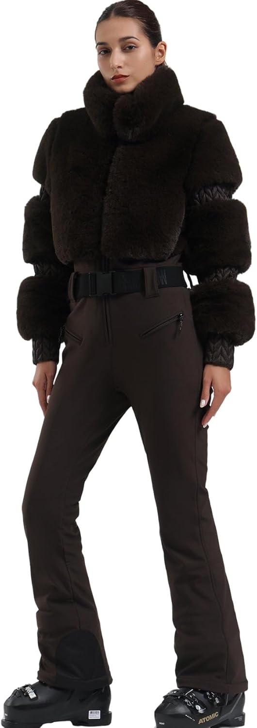 GSOU SNOW Women Ski Suit One Piece Snowsuit Snowboard Faux Fur Collar Slim Jumpsuit Jacket Insulated Windproof Outdoor Winter · v3